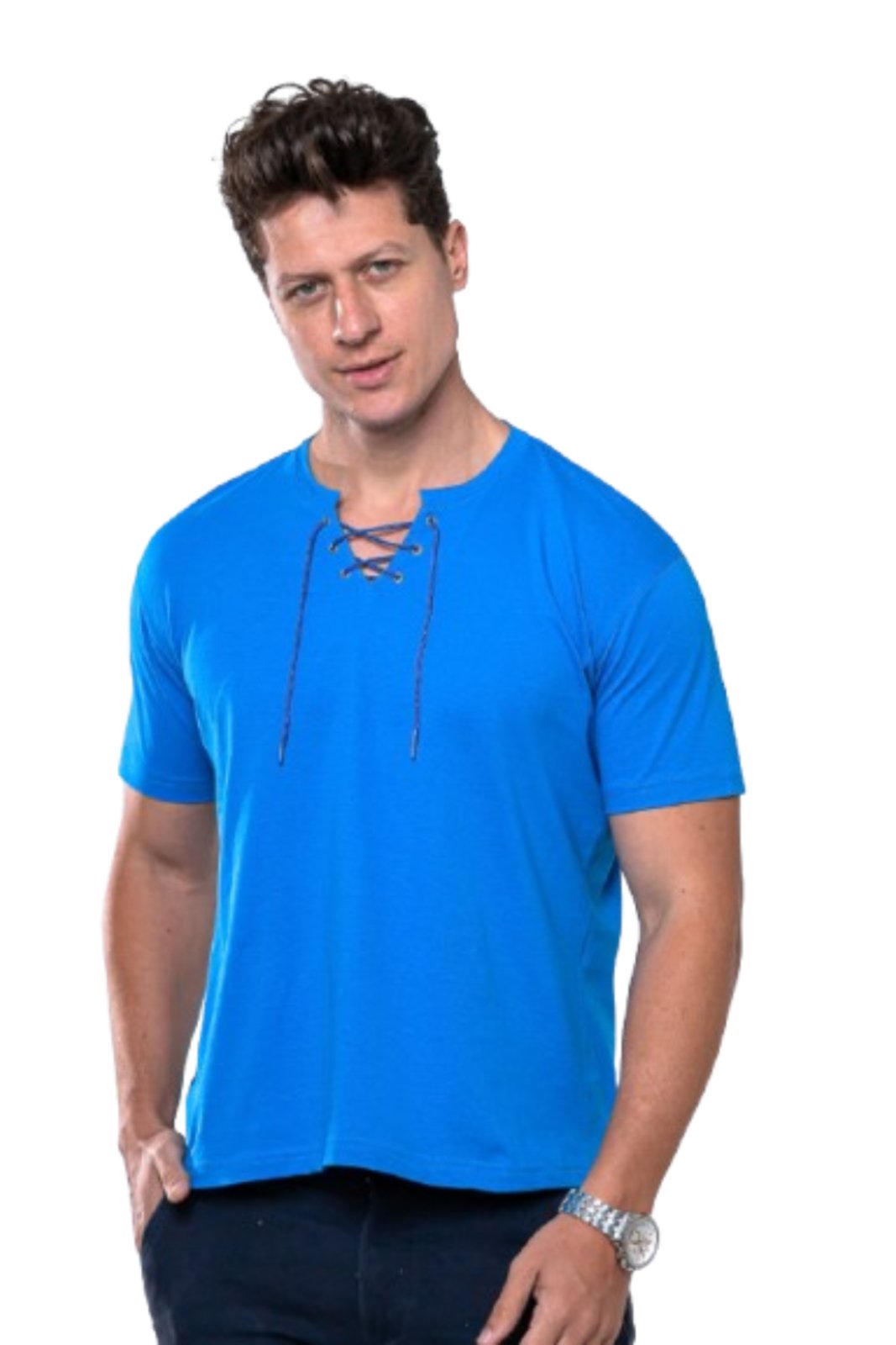 Camisa Camiseta Masculina Gola V Sutil Garais Moda Estilo Casual com Cordão e Ilhós 100% Algodão Azul