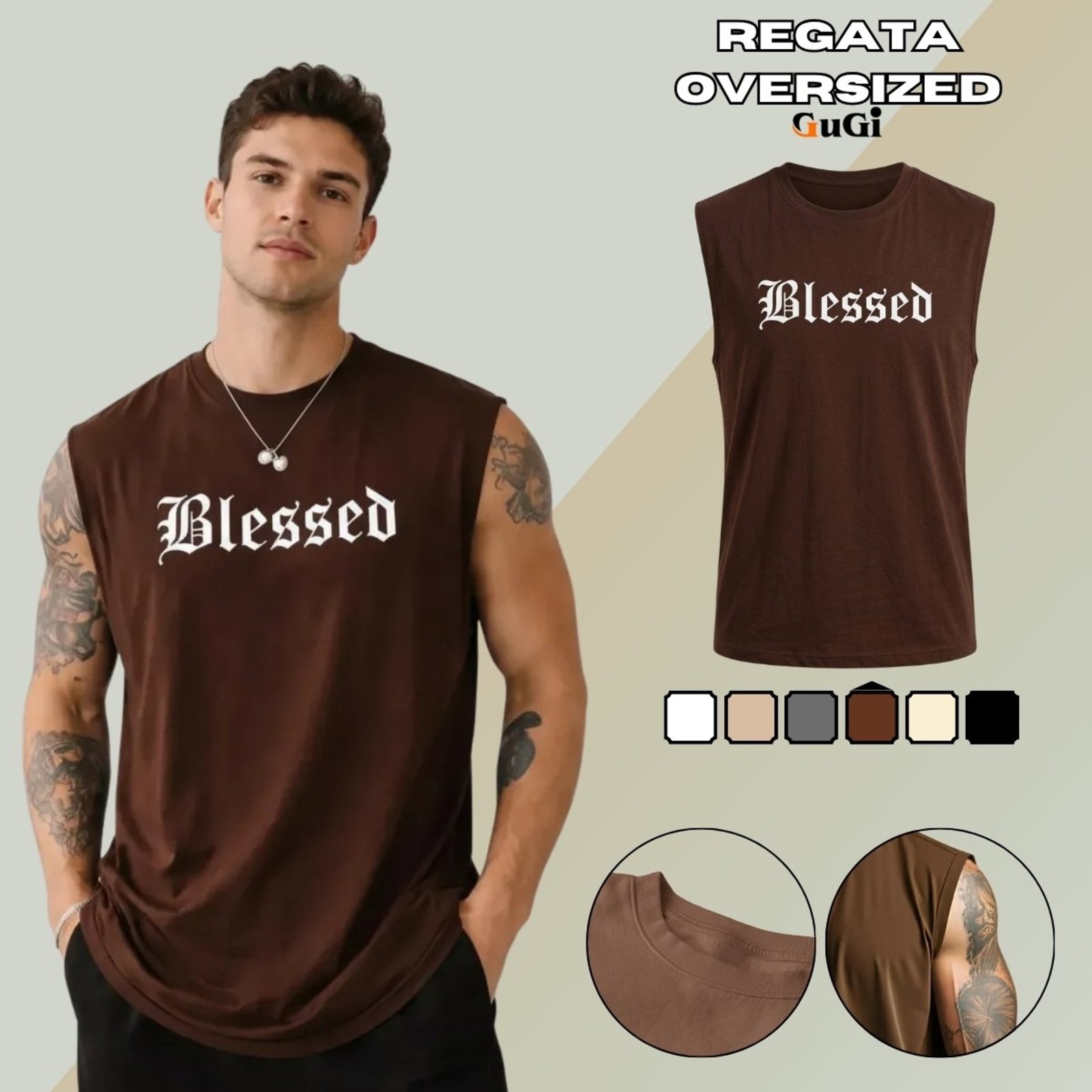 Camiseta Regata Masculina Oversized Estampada Blessed Abençoado 100% Algodão Marrom