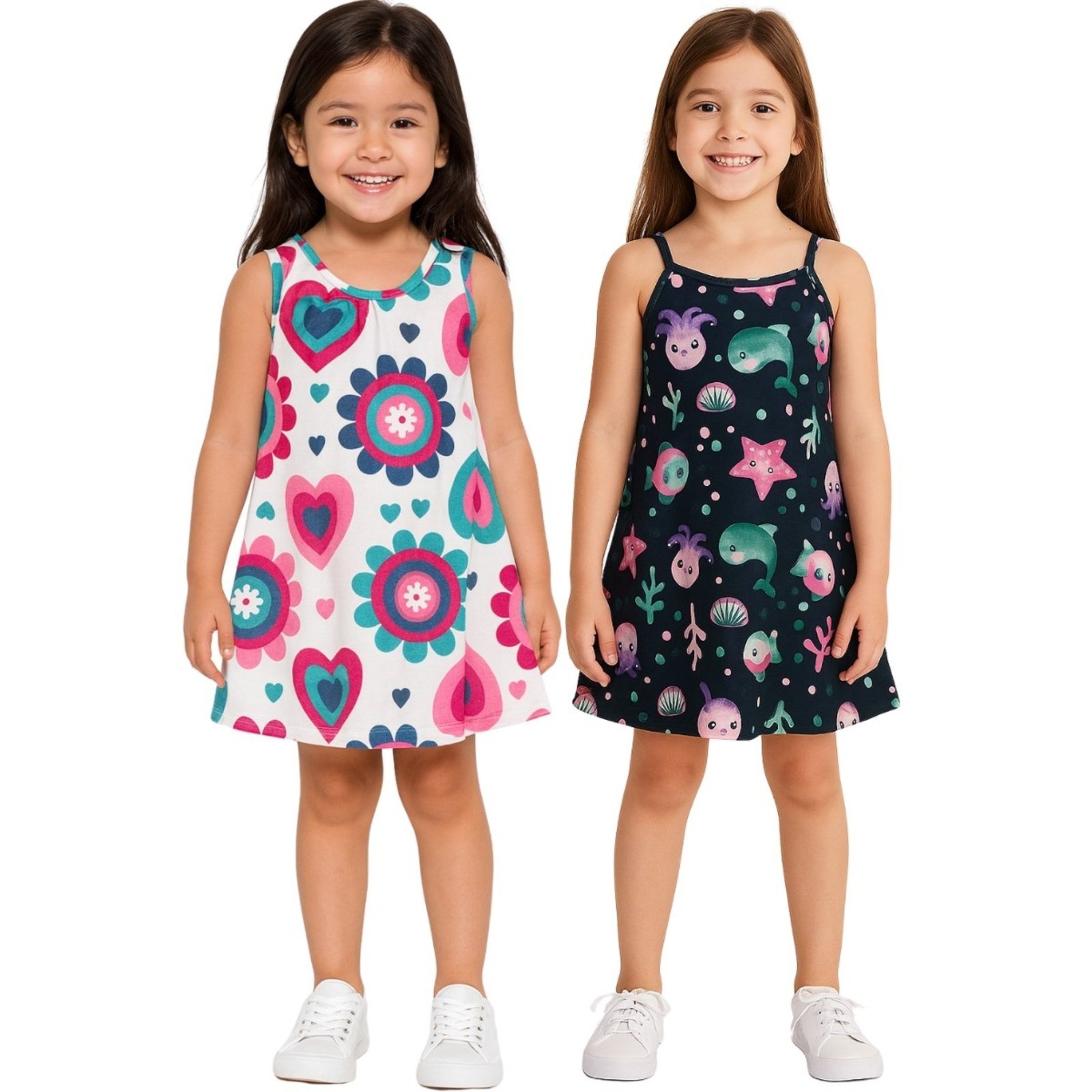 Vista 2 Infantil - Kit Vestido Kyly Alça Finas Floral e Azul azul marinho/branco Kyly azul marinho/branco