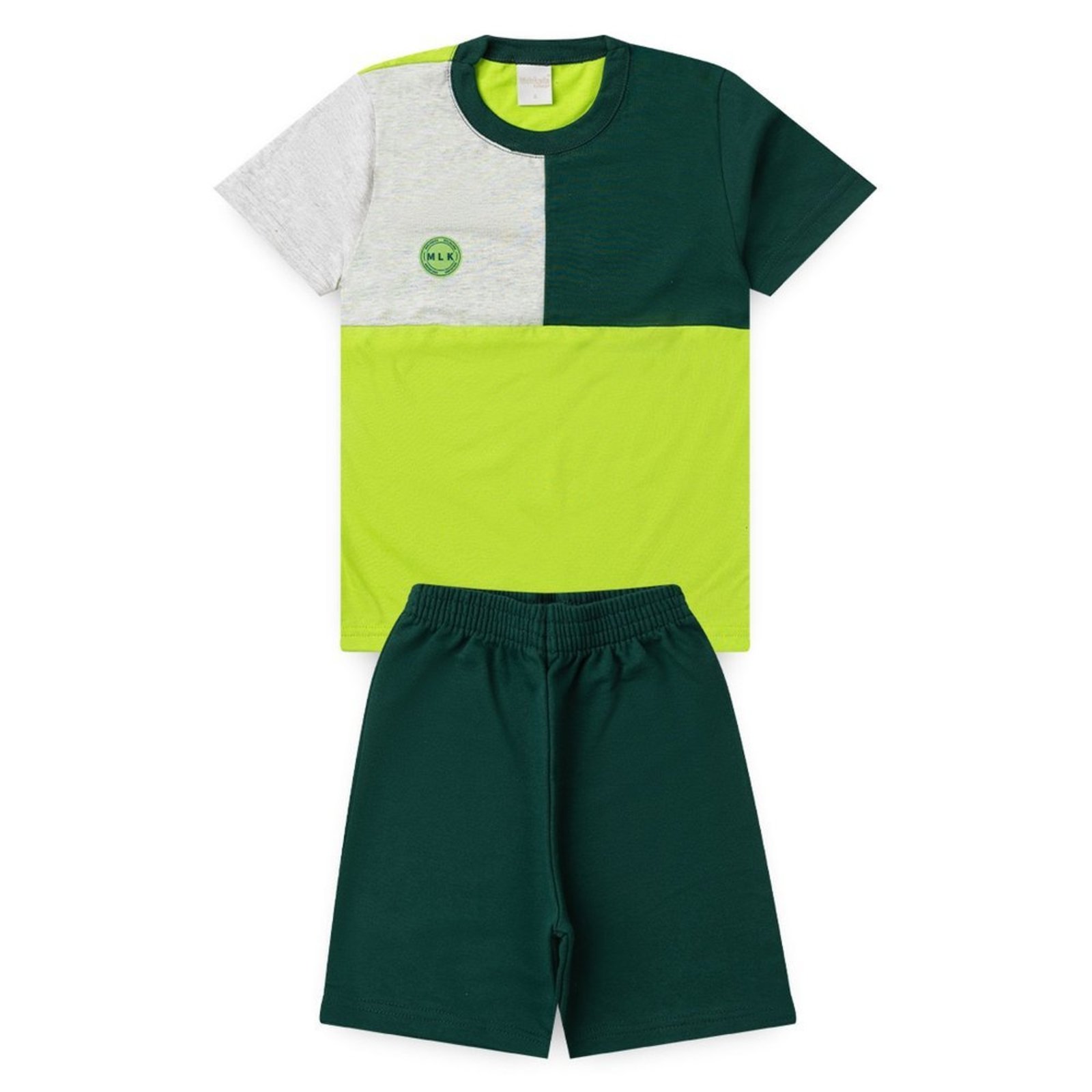 Infantil - Conjunto Verão Menino Verde e Mescla Camiseta com Recorte e Bermuda MLK