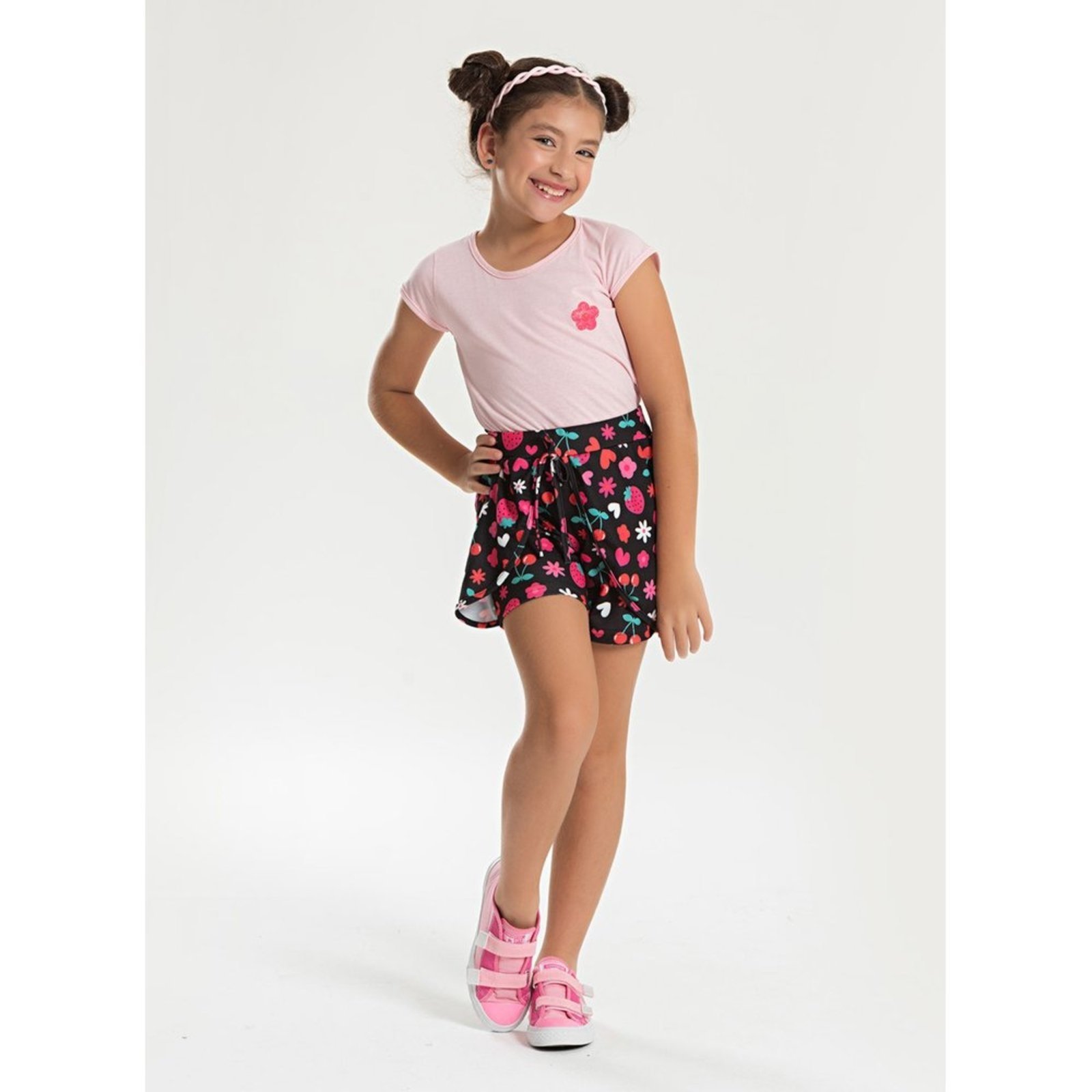 Infantil – Conjunto Verão Menina Rosa Blusa com Manga Copinho e Shorts Saia Florido