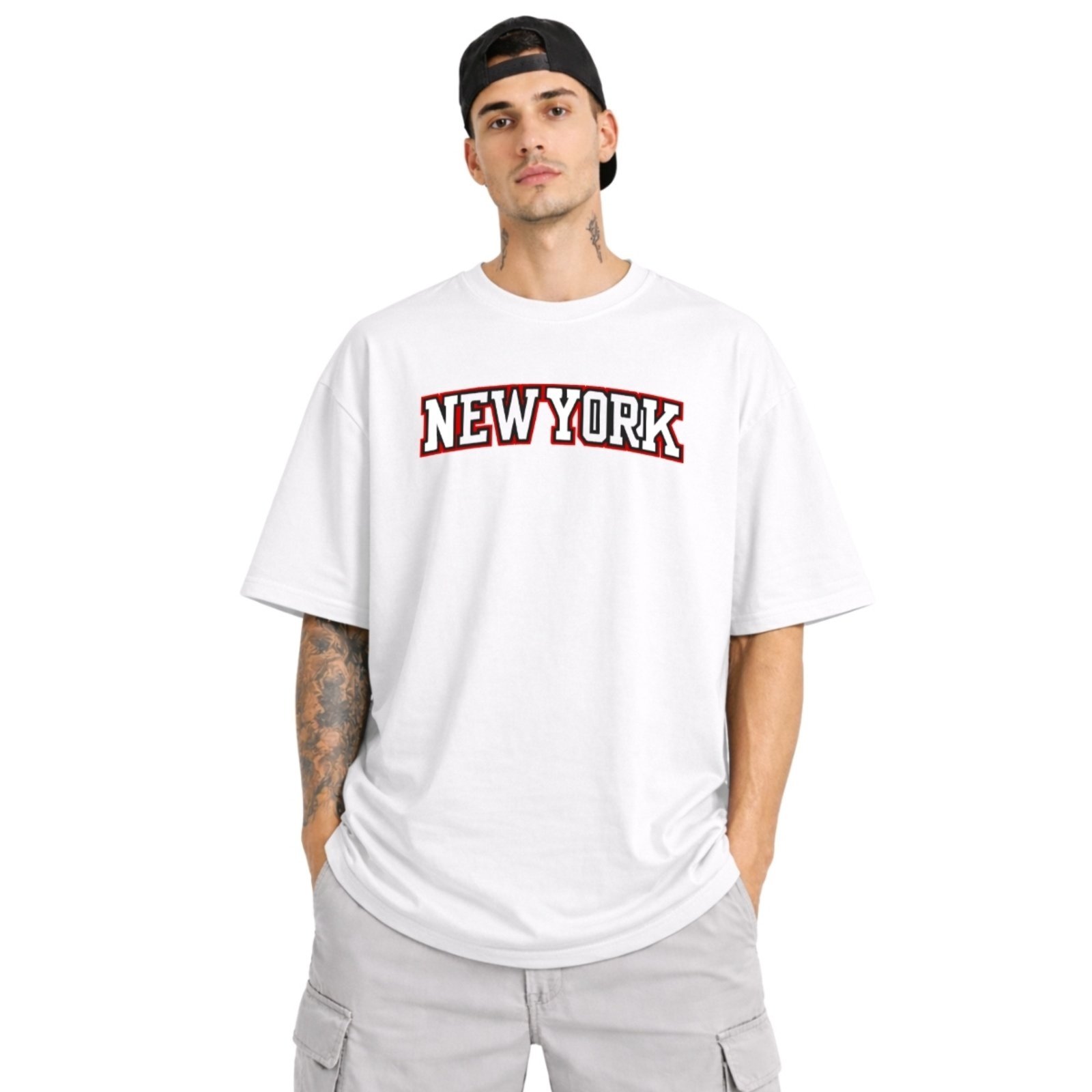 Camiseta Oversized de Algodão Masculina Ideal para Academia e Esportes Gola Redonda Estampada