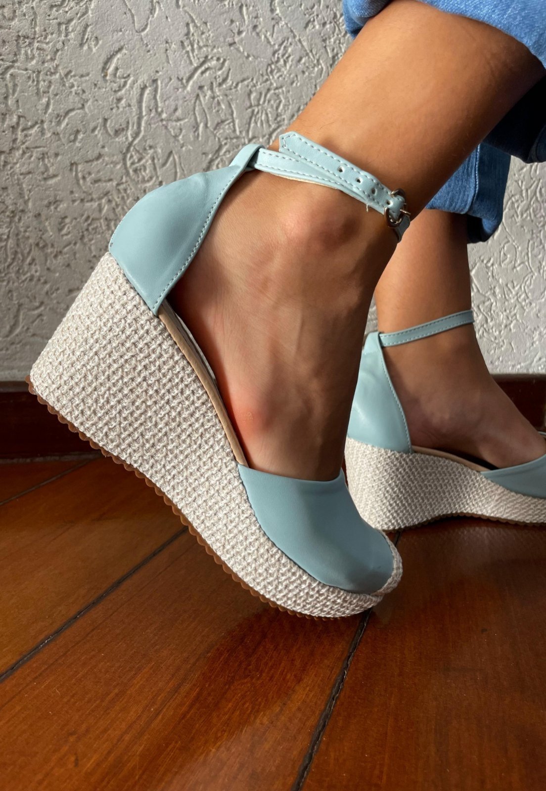 Sandália Plataforma Confort Atalia Shoes Linhão Trançado Napa Azul Bico Fechado