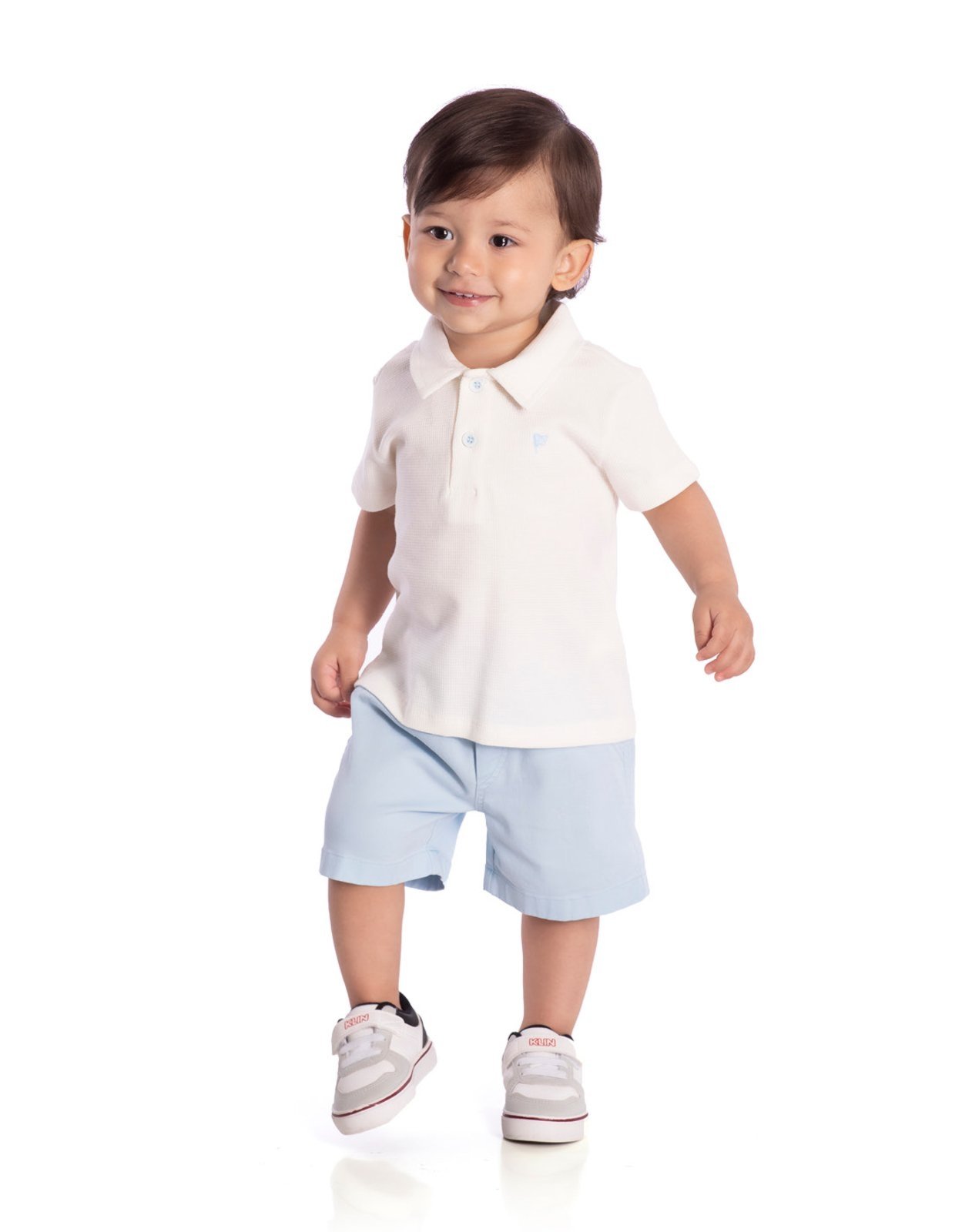 Infantil - Conj. pólo em malha texturizada off-white + bermuda sarja cós elástico