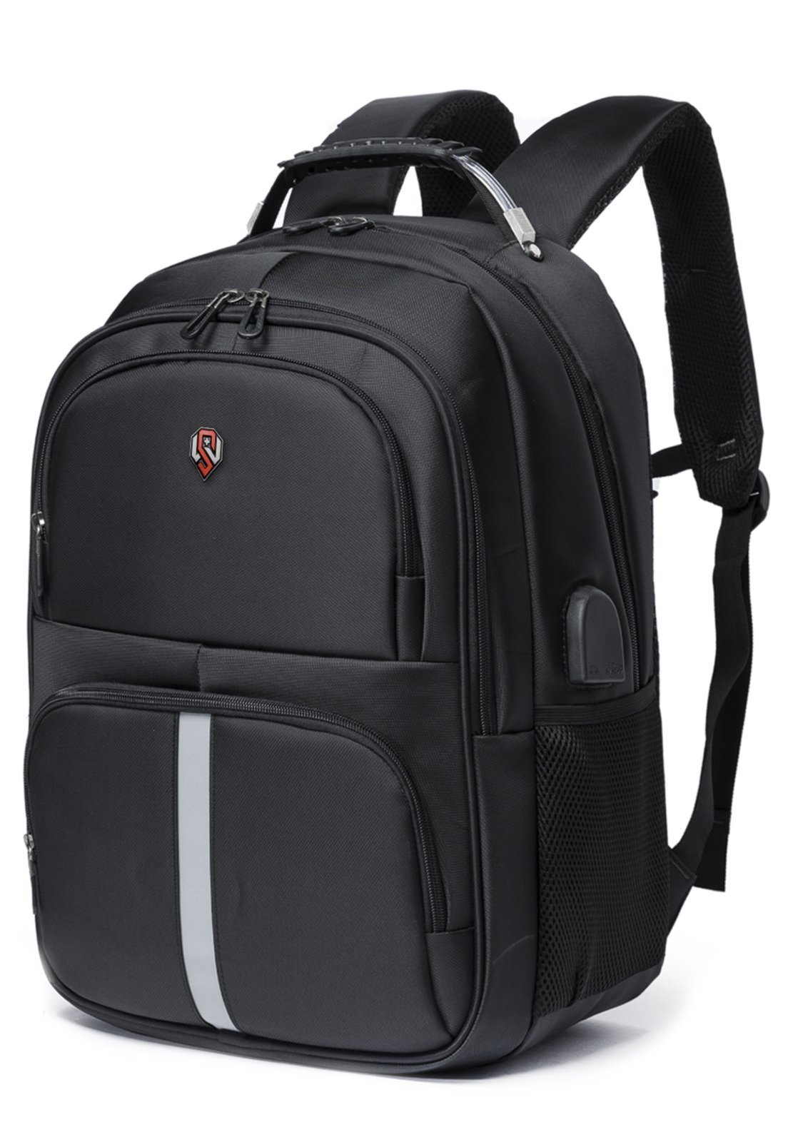 Mochila Executiva Swissport Faixa Refletiva Usb Notebook Trabalho Moderna Alça Cabo De Aço Preto B