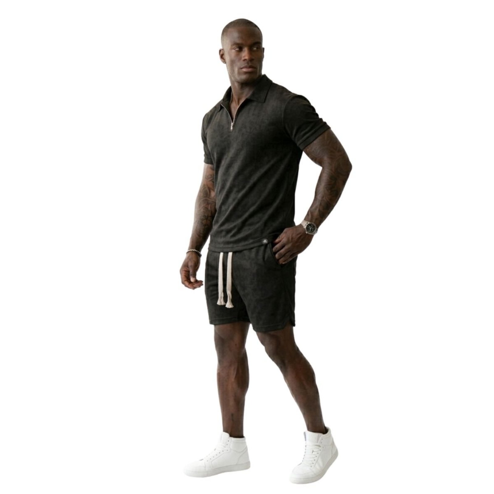 Conjunto Masculino Oversized Suedine Premium Polo Zíper Bermuda Preto