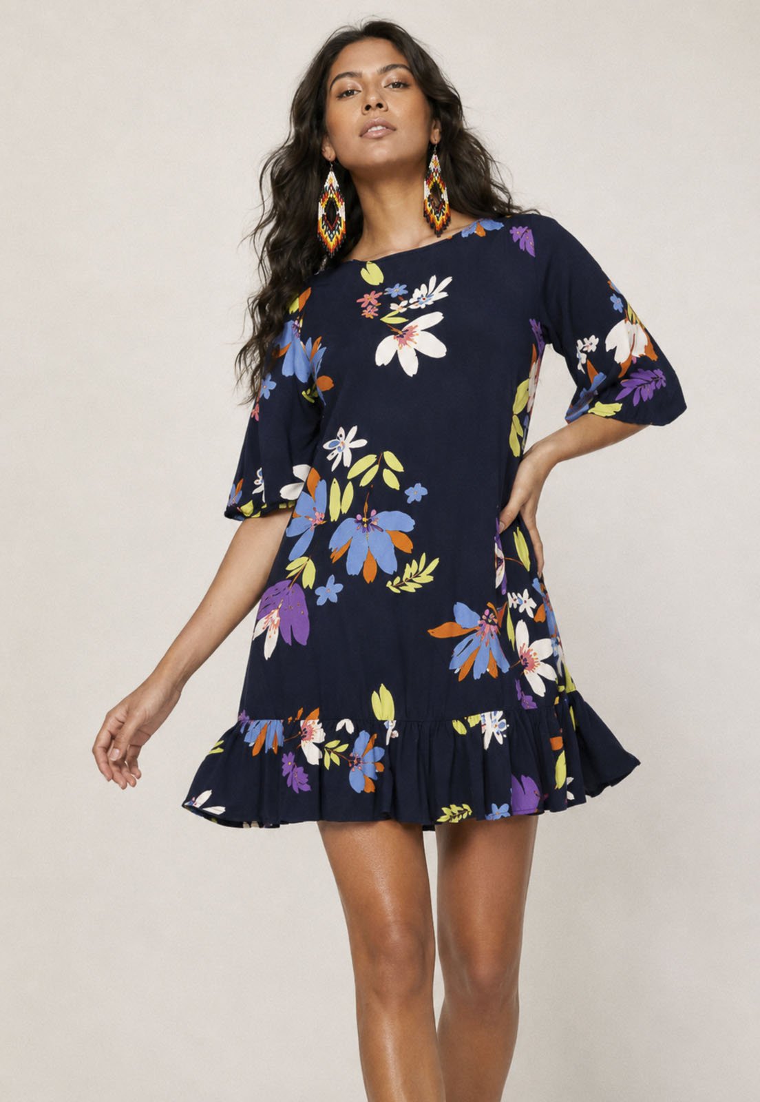 Vestido Curto Viscose Cabanafree Estampa Festa das Flores Azul