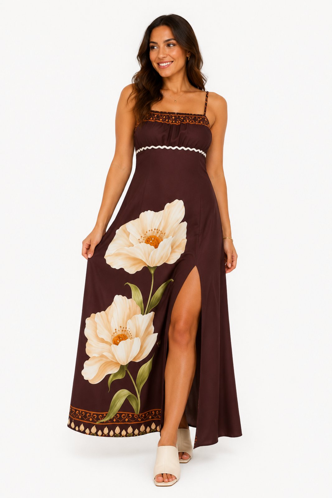 Vestido Alcinha Longo D Bell Outlet Fashion Estampa Floral Marrom