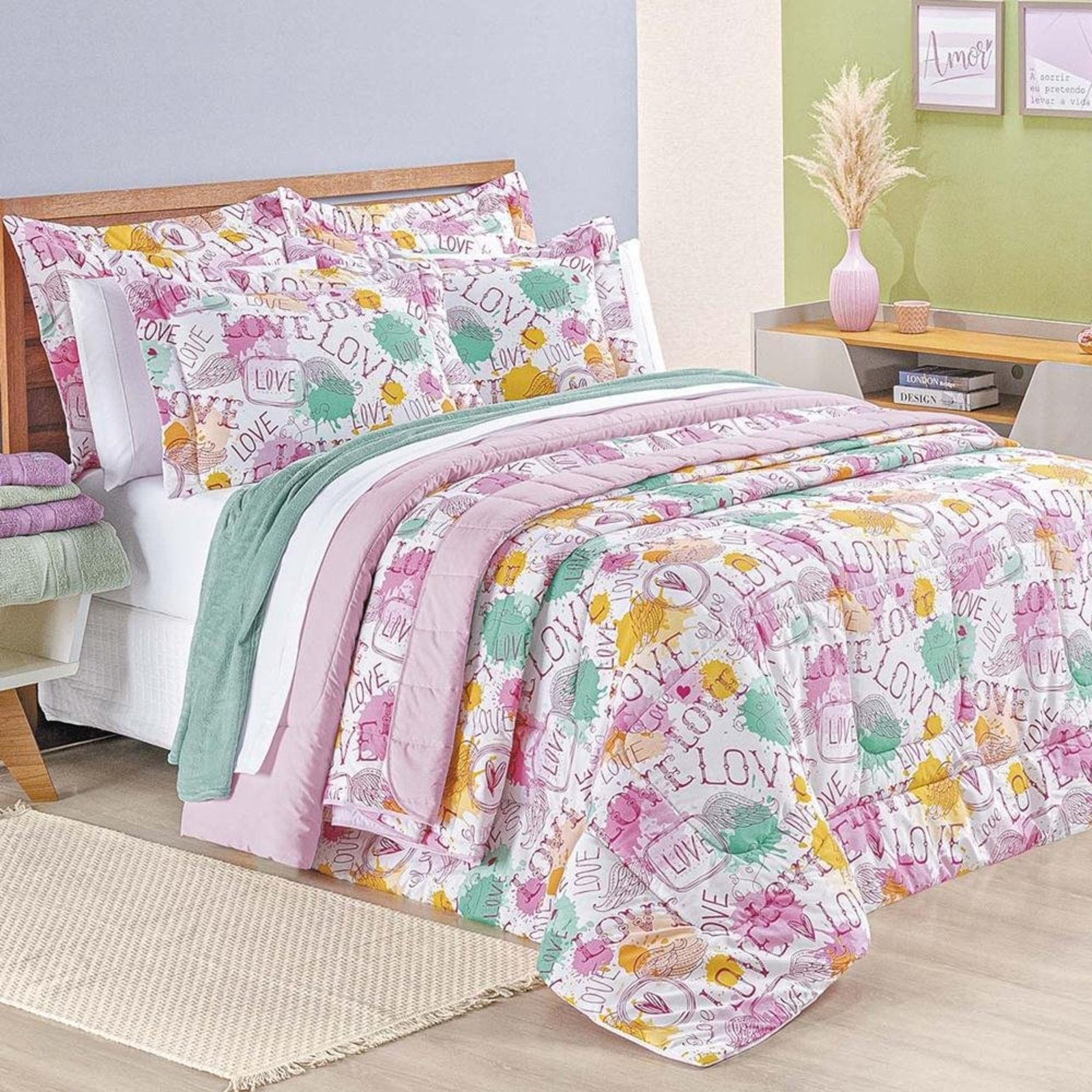 Edredom Queen Amore Estampado 200 Fios 100% Algodão 3 Peças