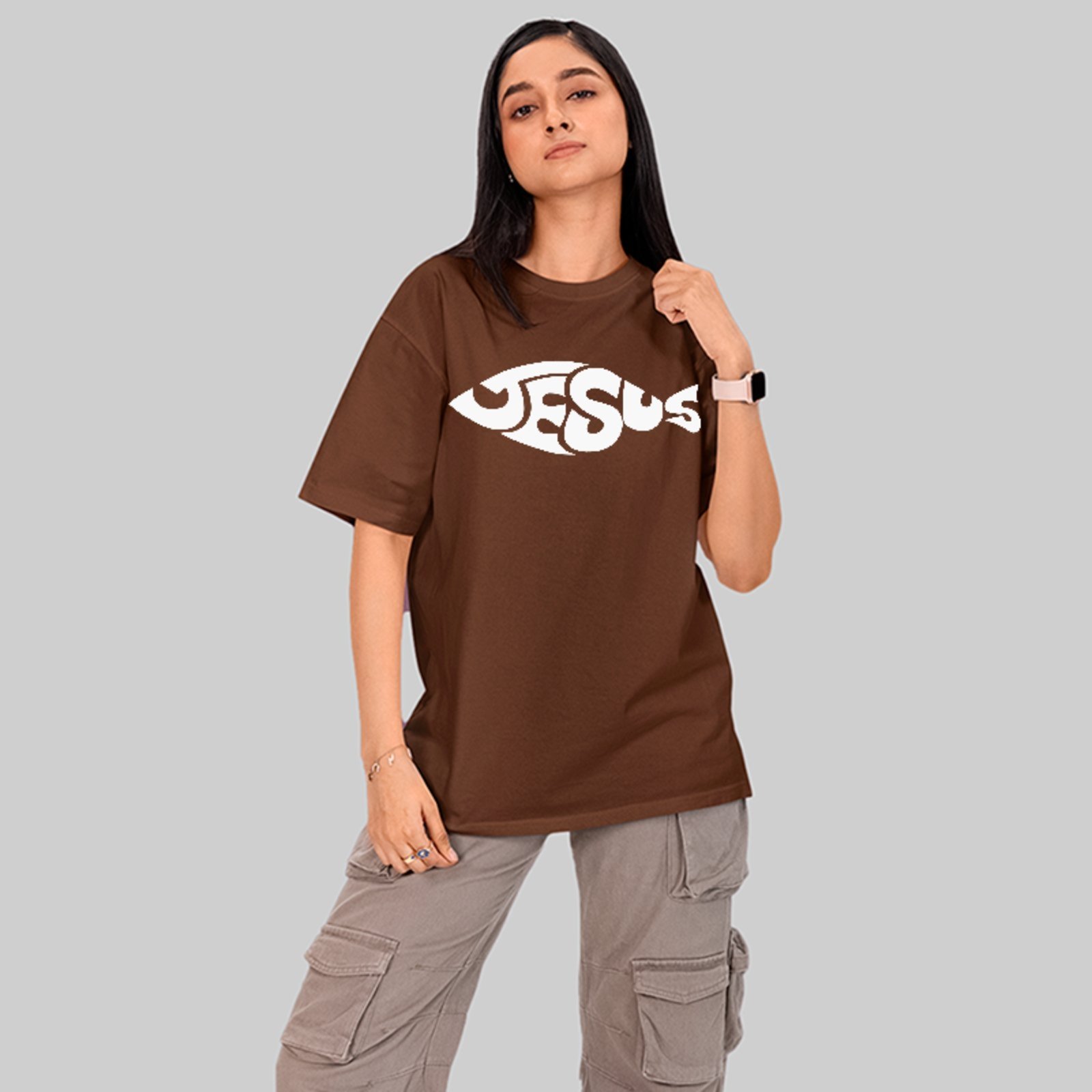 Camiseta Oversized Gospel Jesus Fish Símbolo Cristão Style Marrom