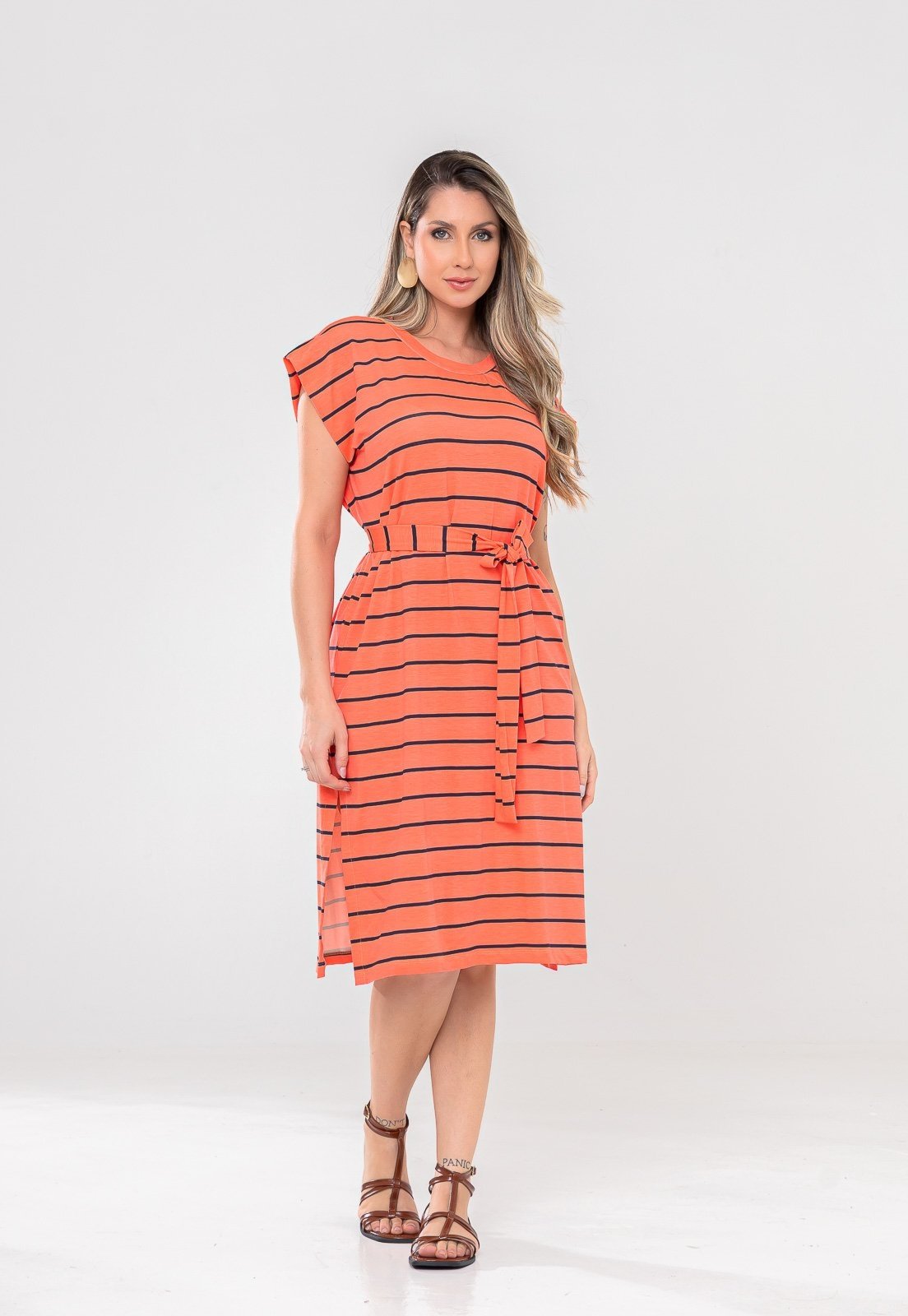 Vestido Aura Patrícia Listrado Coral