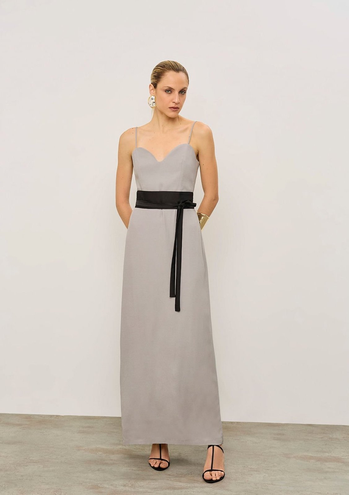 Vestido Iódice Ajustado Decote V Com Alça Longo Cinza Cinza