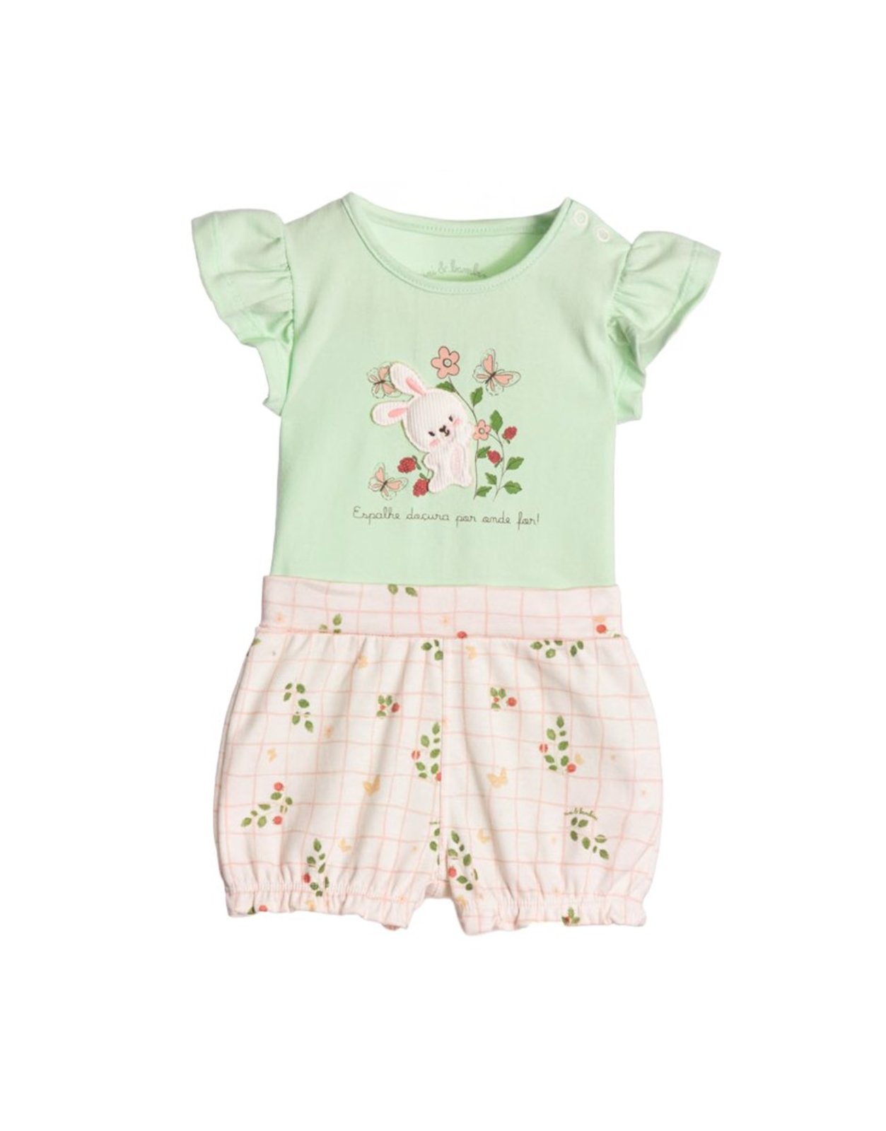 Infantil - Conjunto body cotton verde e shorts suedine estampado xadrez floral