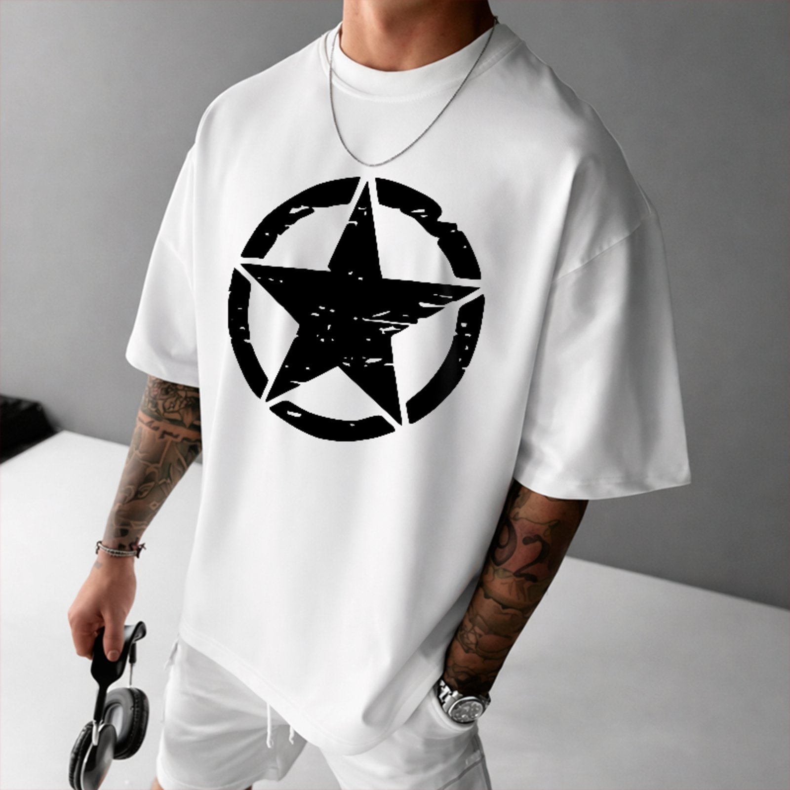 Camiseta Oversized Premium Military Army Star Street Unissex Branco