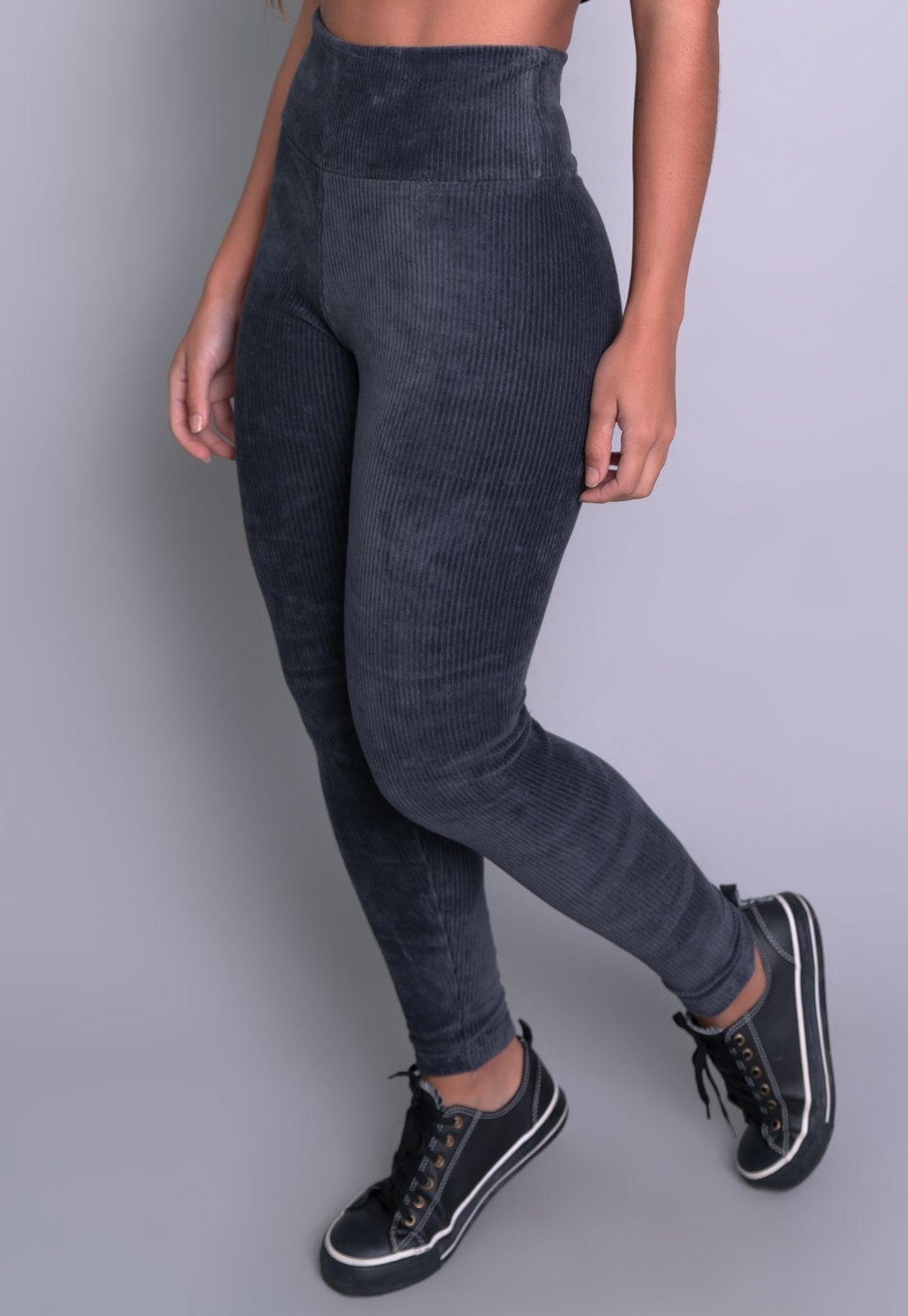 Calça Legging MVB Modas Cintura Alta Veludo Cotelê Cinza