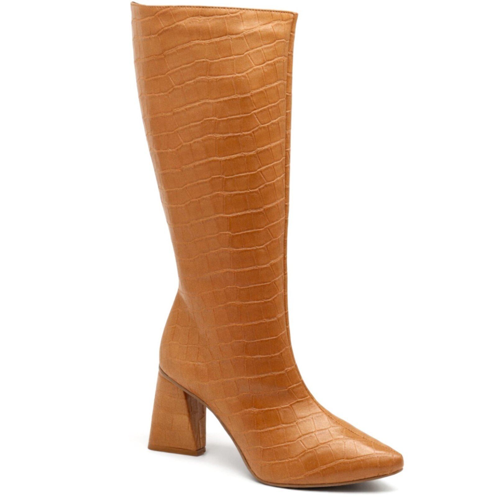Bota Feminina Cano Longo Salto Triângulo Croco Whisky