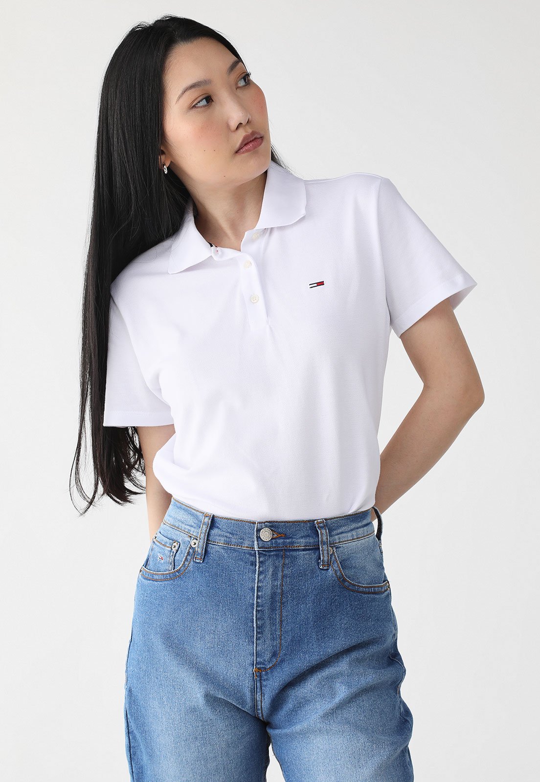 Camisa Polo Tommy Jeans Reta Logo Branca