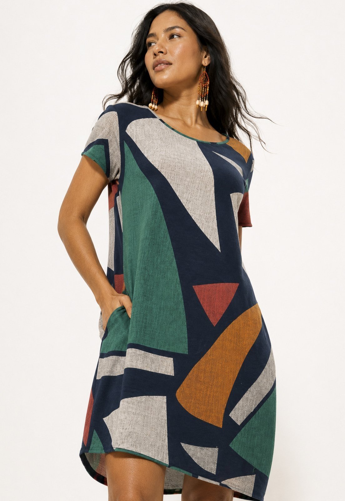 Vestido Curto Amazônia Vital Malha Amplo Always Estampa Geometrias do Tempo