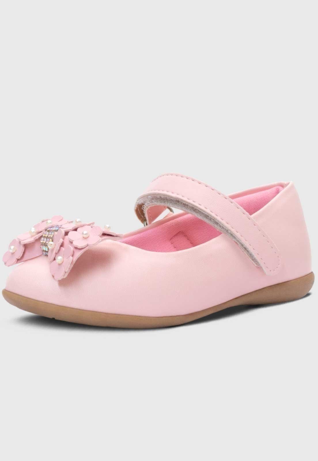 Infantil – Sapatilha Menina Popidi Calce Facil Laço Flores Rosa
