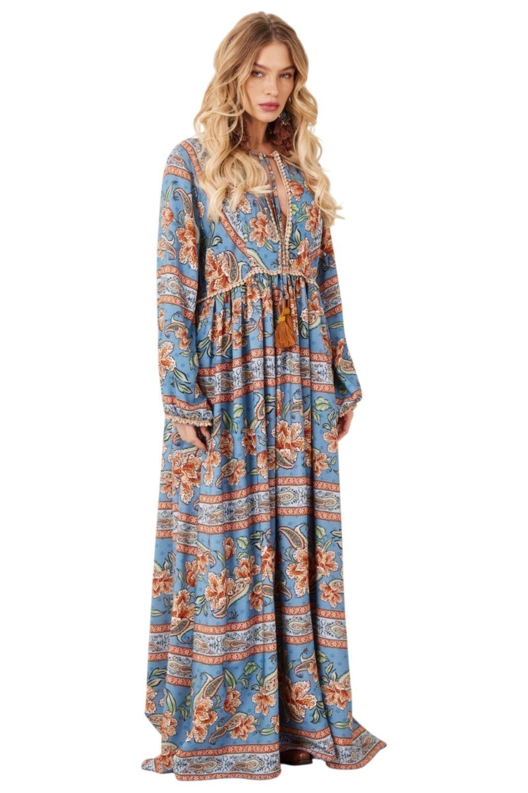 Vestido Longo Com Mangas Bufantes Azul Cashmere Yacamim E26 – Estampado