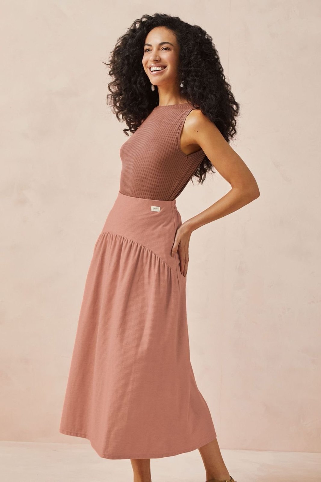Saia Midi Feminina Comfy Franzida Marialícia Marrom