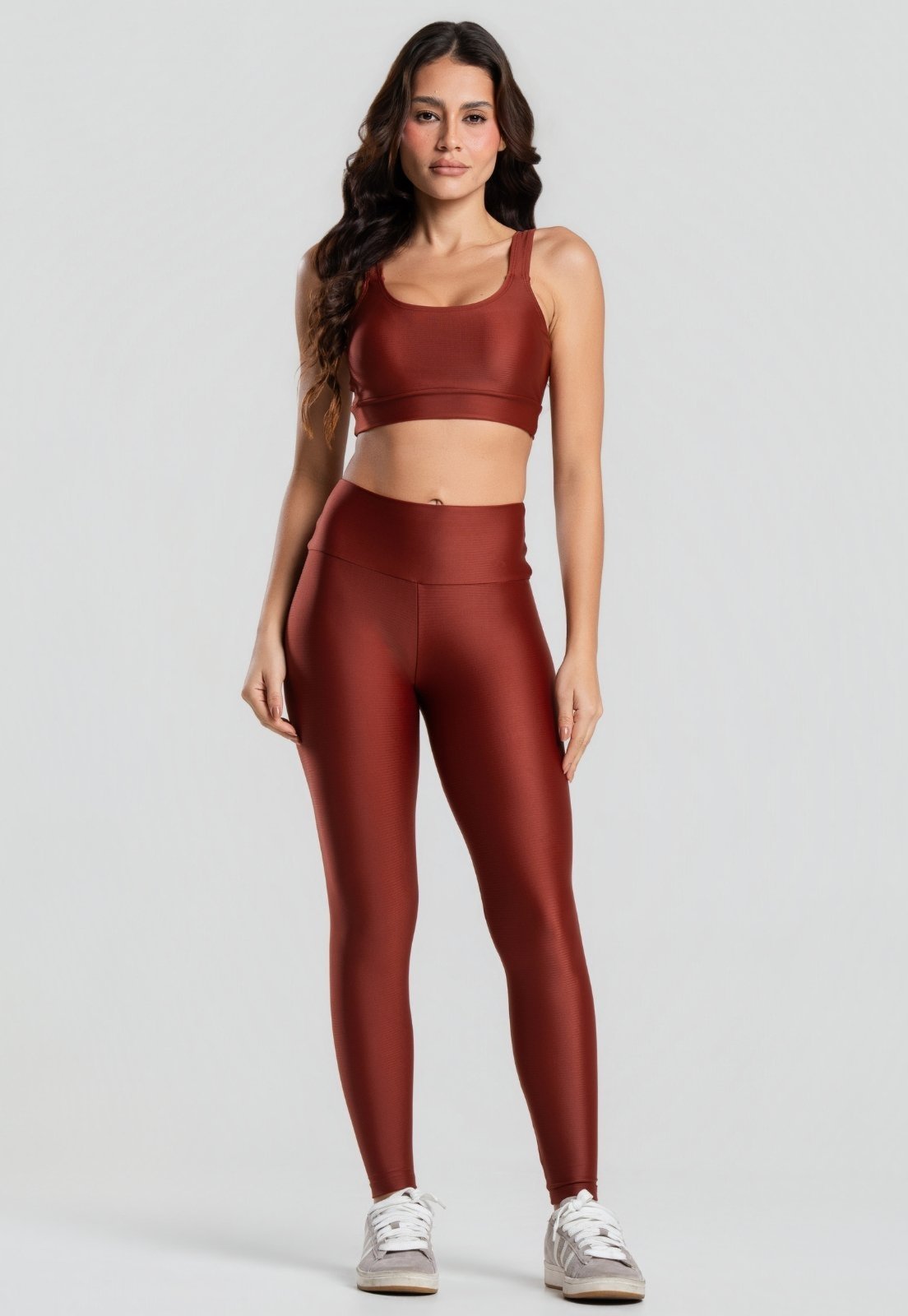 Conjunto Fitness Top Bojo Removível e Calça Legging Cintura Alta Brilho WLS Marrom