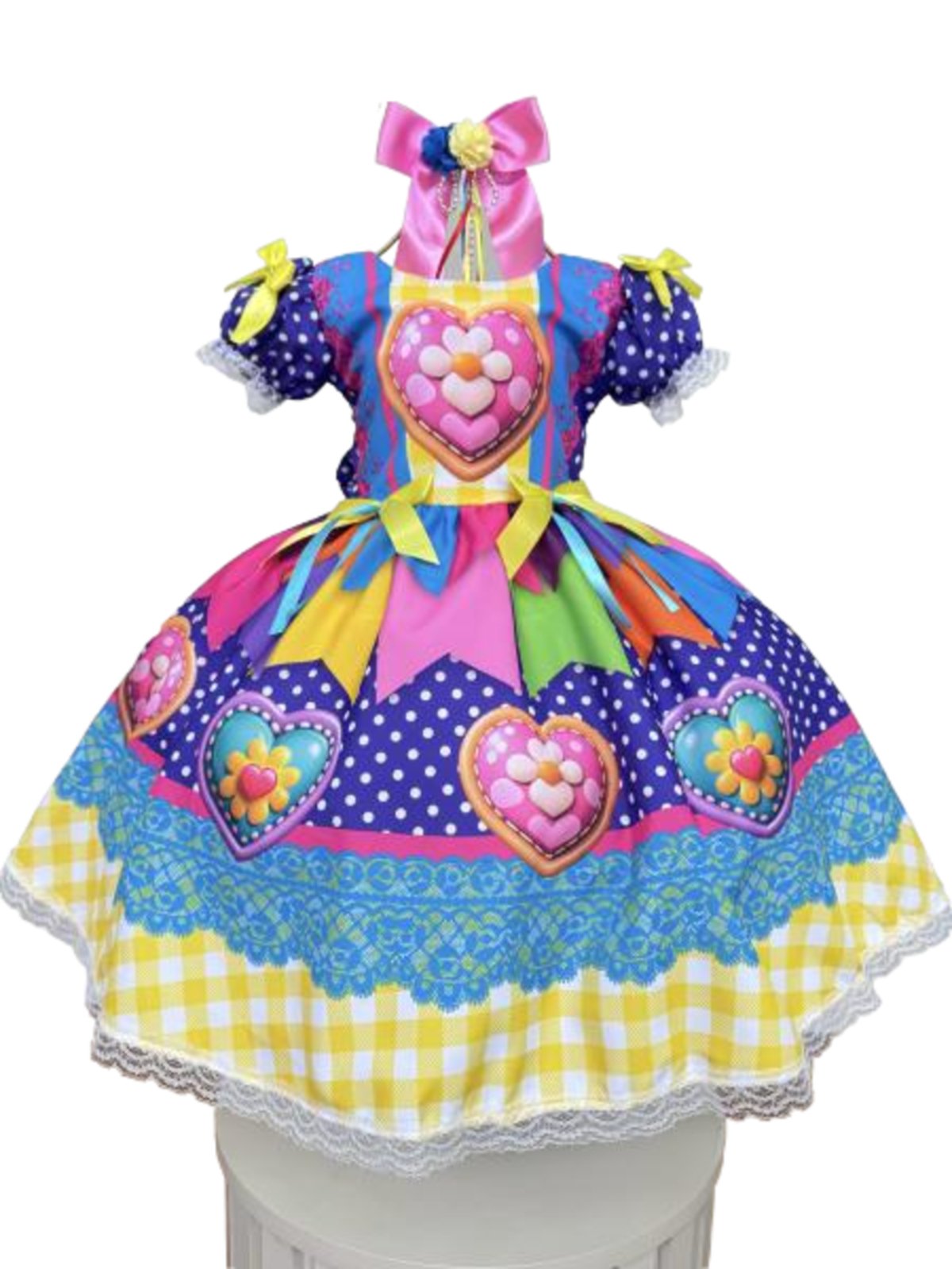 Infantil - Vestido Festa Junina Azul Rosa Colorido Coração Junino Caipira Quadrilha São João Sinhá