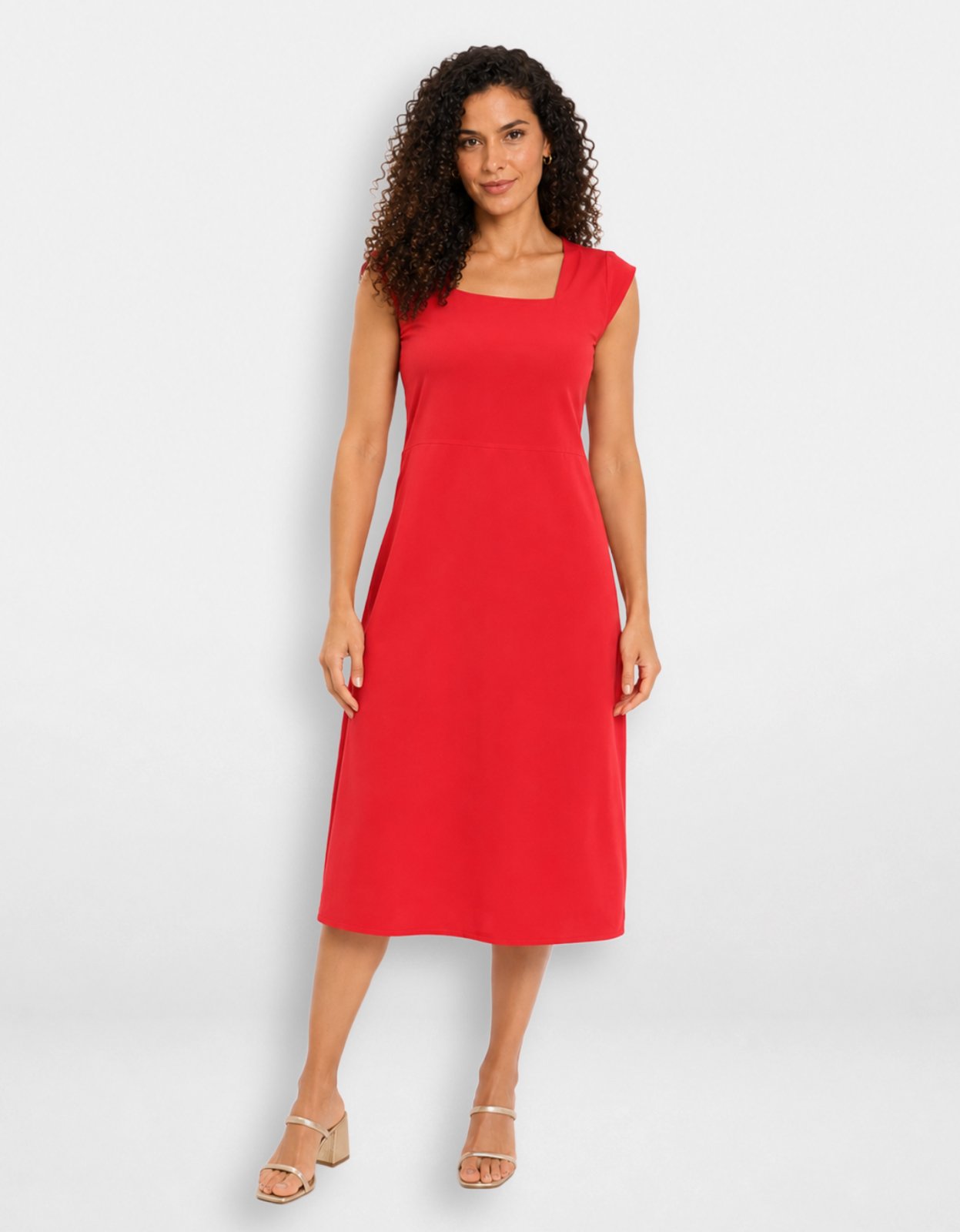 Vestido Midi Feminino Pompier em Crepe com Decote Quadrado e Manga Japonesa Vermelho