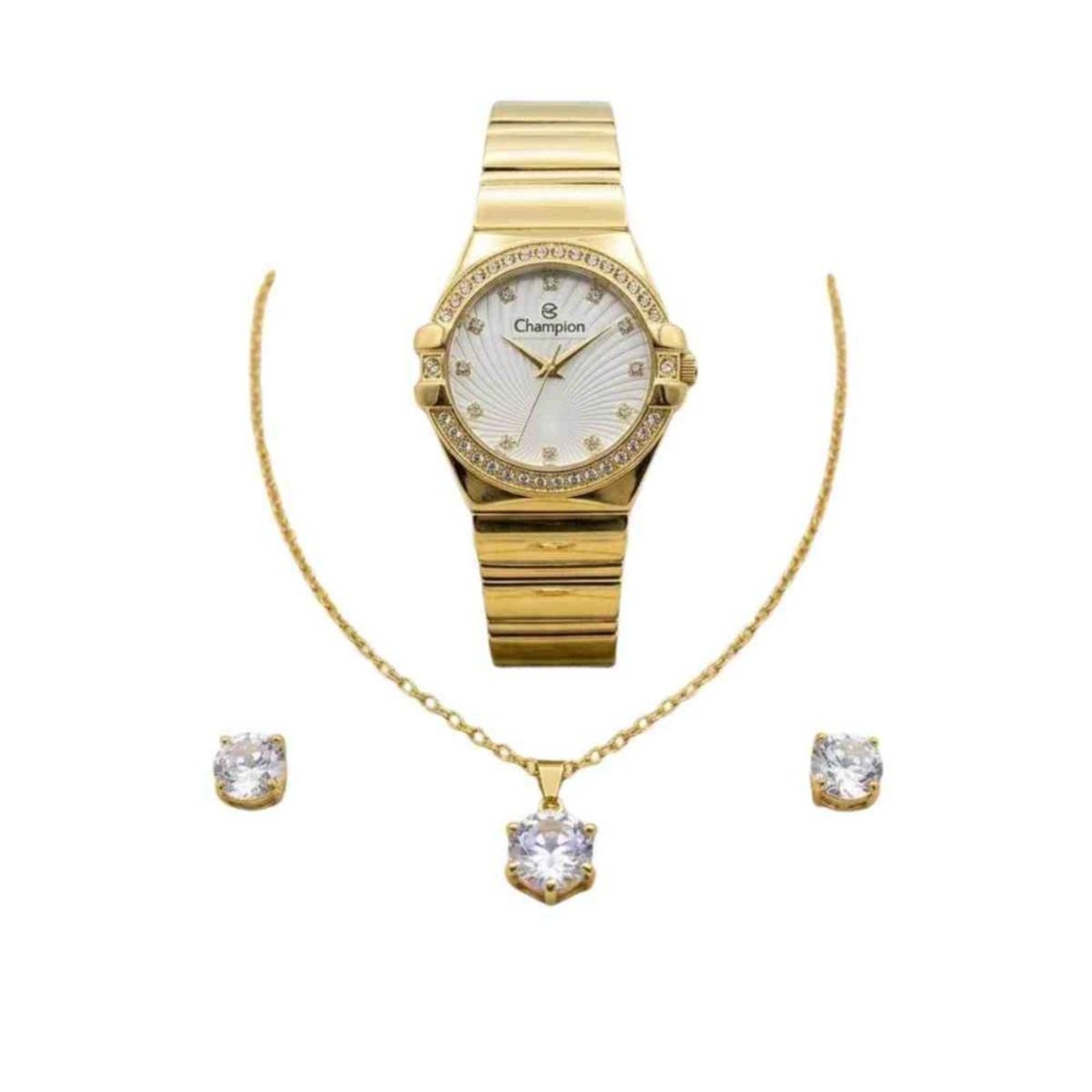 Kit Relógio + Colar e Brincos Champion Dourado Femiinino CF25358W