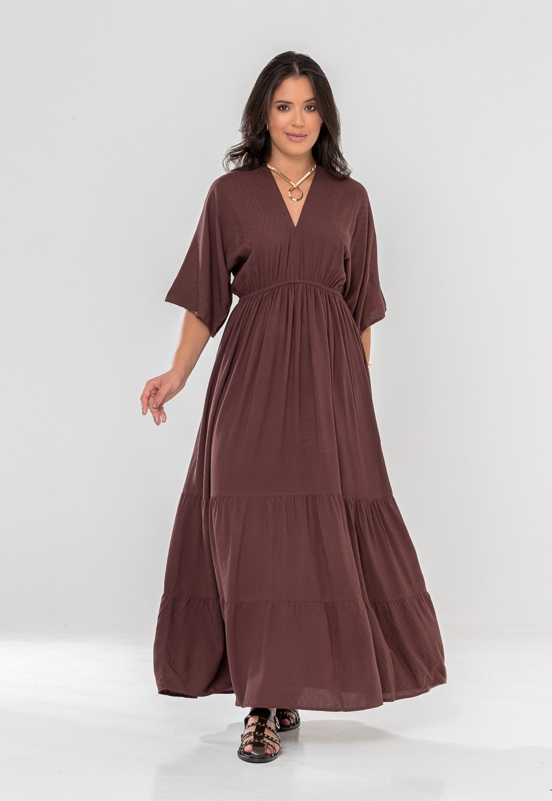 Vestido Aura Ravena Viscose Liso Marrom