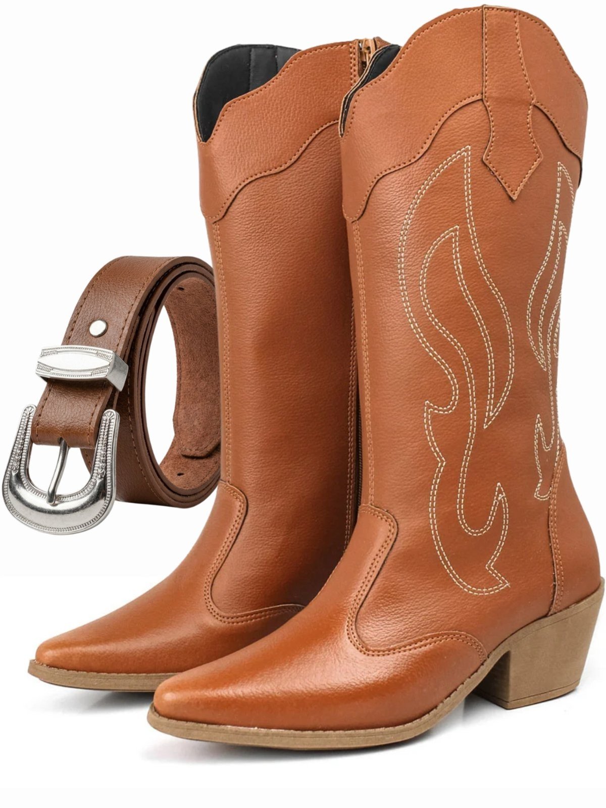 Bota Feminina Western Country Cano Médio Com Cinto em Couro Salto Alto Grosso com Zíper Lateral Marrom