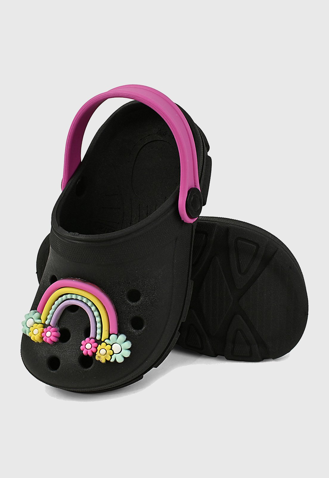 Infantil – Sandália Babuche Menina Coração Arco Iris Preto tep