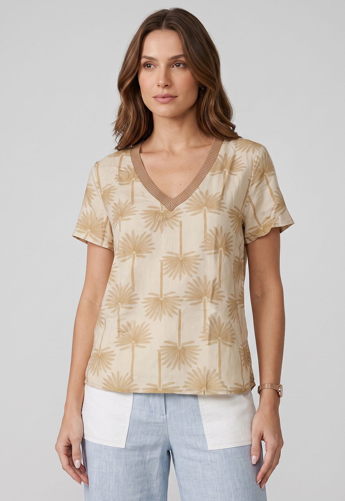 Blusa Feminina Lez a Lez Estampa Palmeira Bege