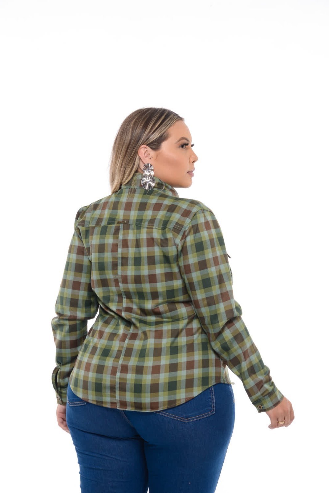 Camisa Feminina Razon Jeans Sarja Plus Xadrez Verde