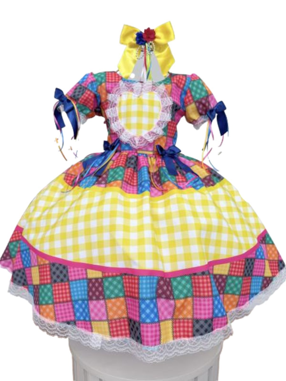 Infantil - Vestido Xadrez Festa Junina Amarelo Coração Junino Caipira Quadrilha Sinhá São João Luxo