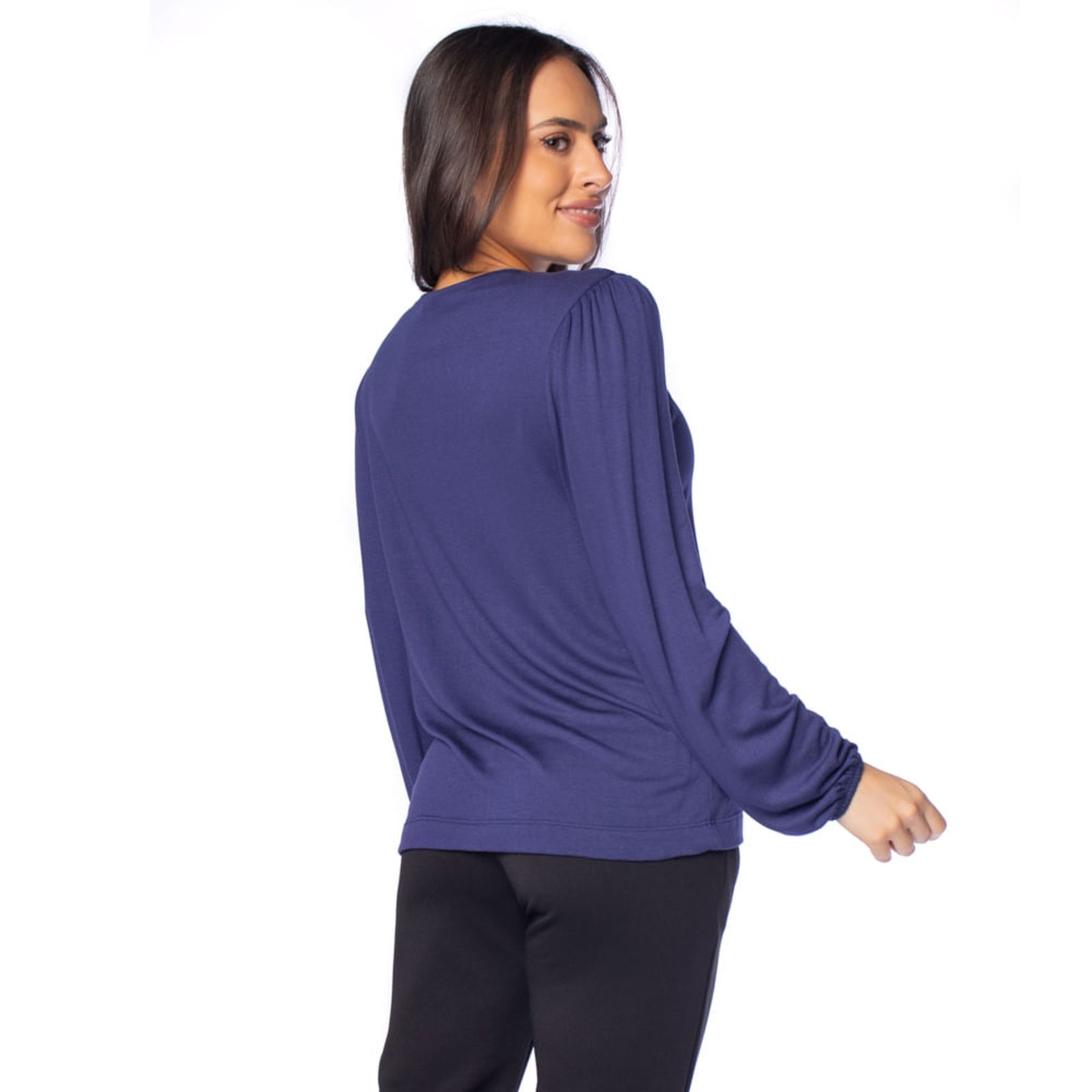 Vista 3 Blusa Feminina Rovitex Manga Longa Decote V com Amarração azul Rovitex azul