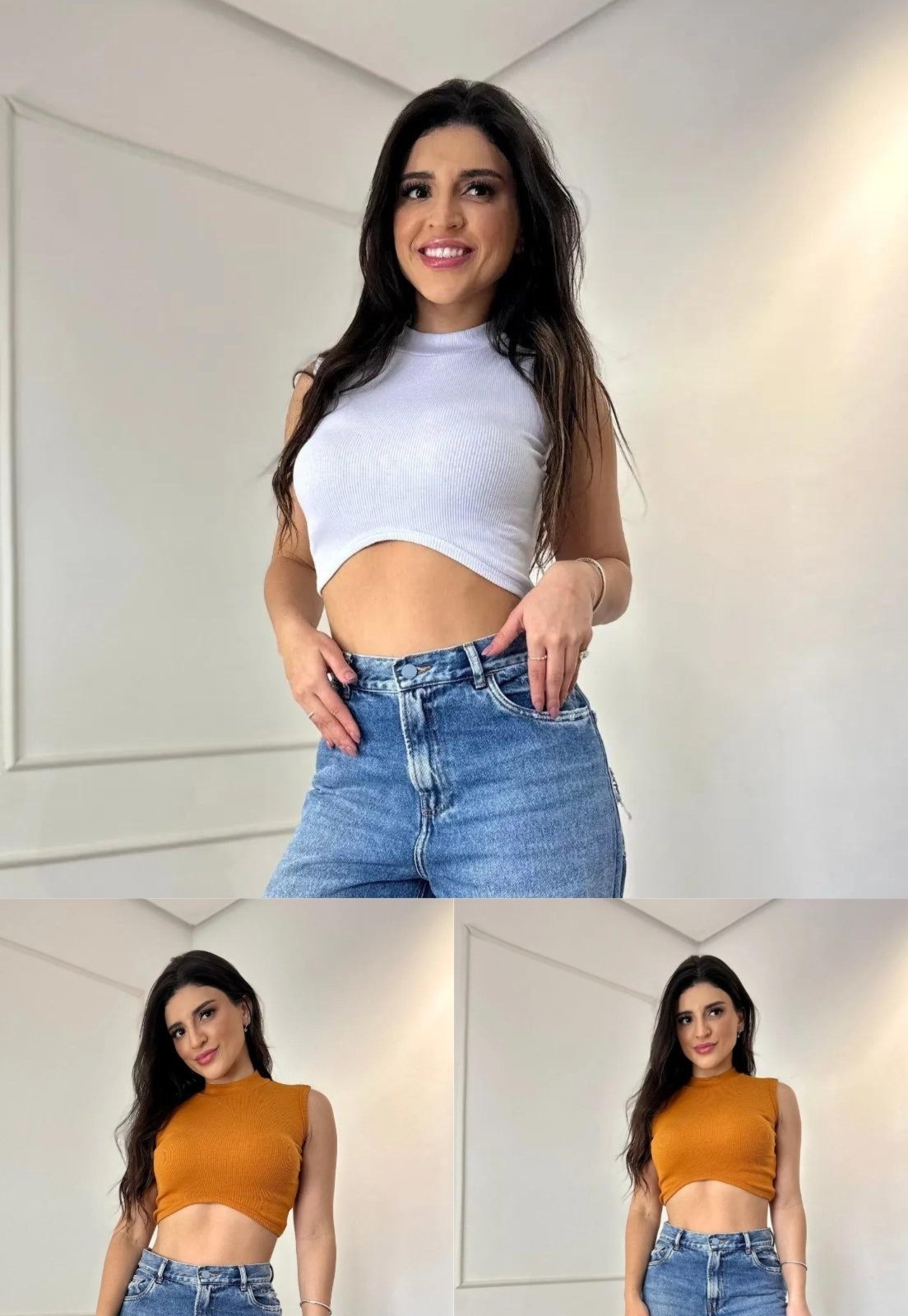 Kit Cropped Regata Francisca 2 peças: Branco e Mostarda