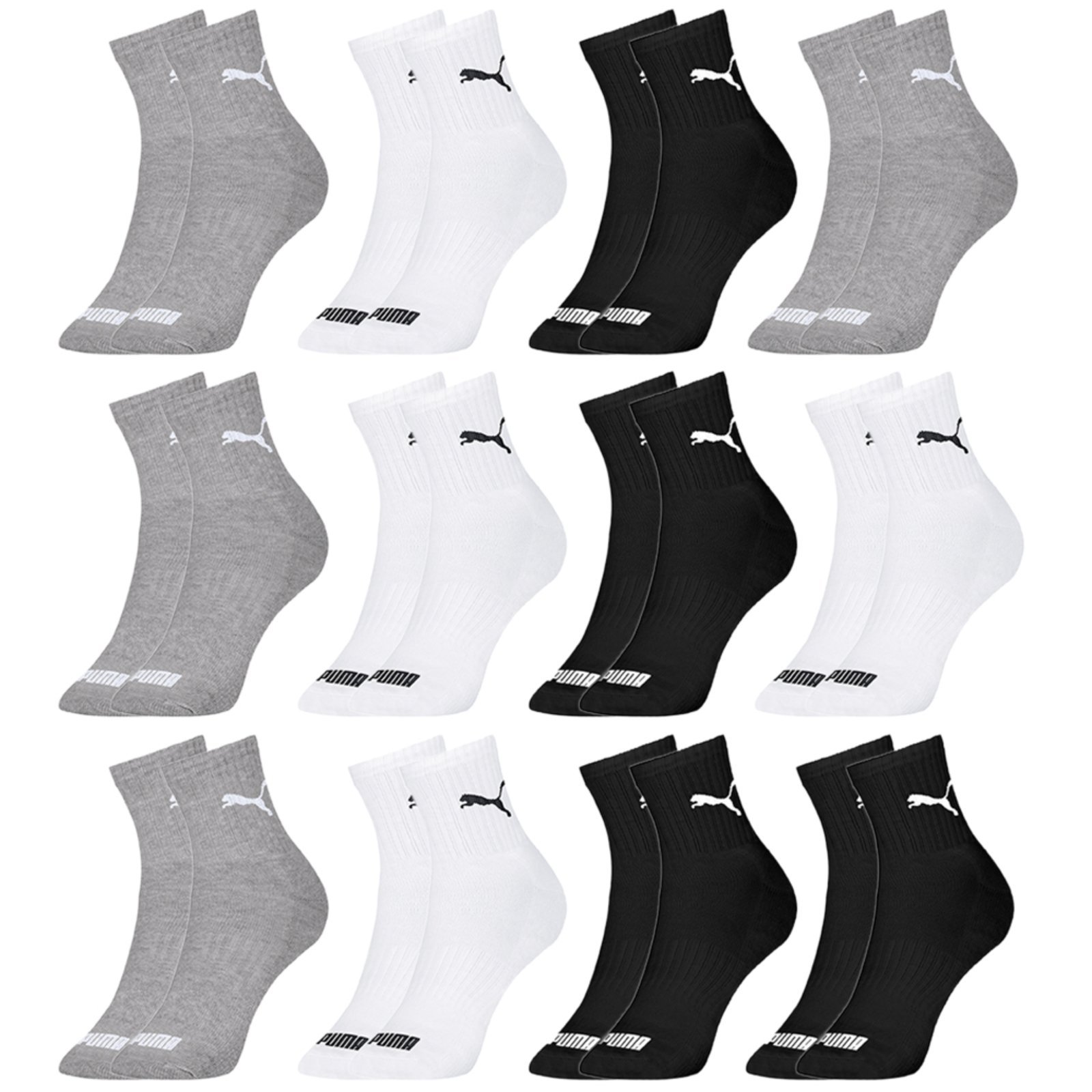 Kit 12 Pares Meias Puma Cano Médio Algodão Masculino Original Branco Preto Cinza