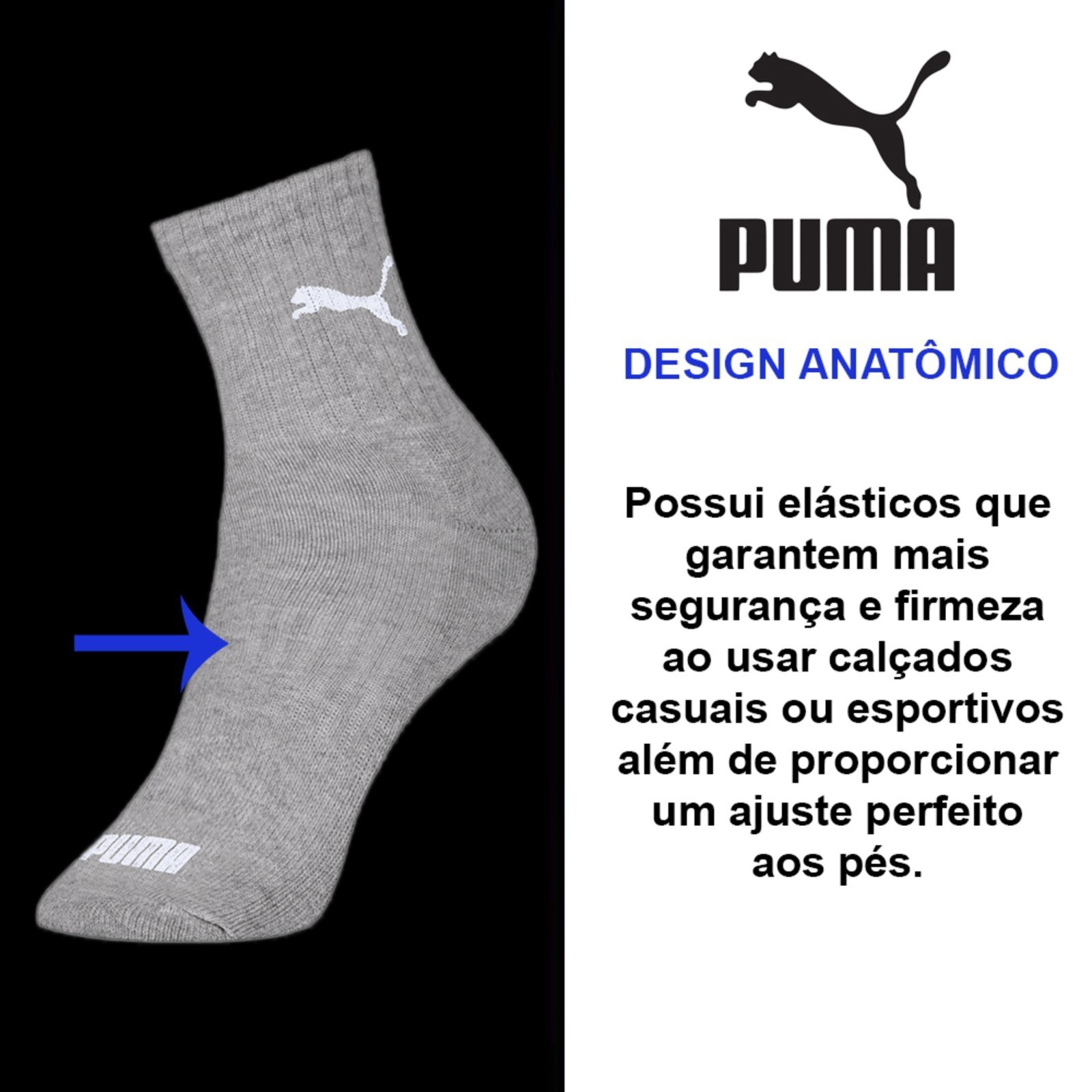 Vista 3 Kit 12 Pares Meias Puma Cano Médio Algodão Masculino Original Puma branco/cinza/preto