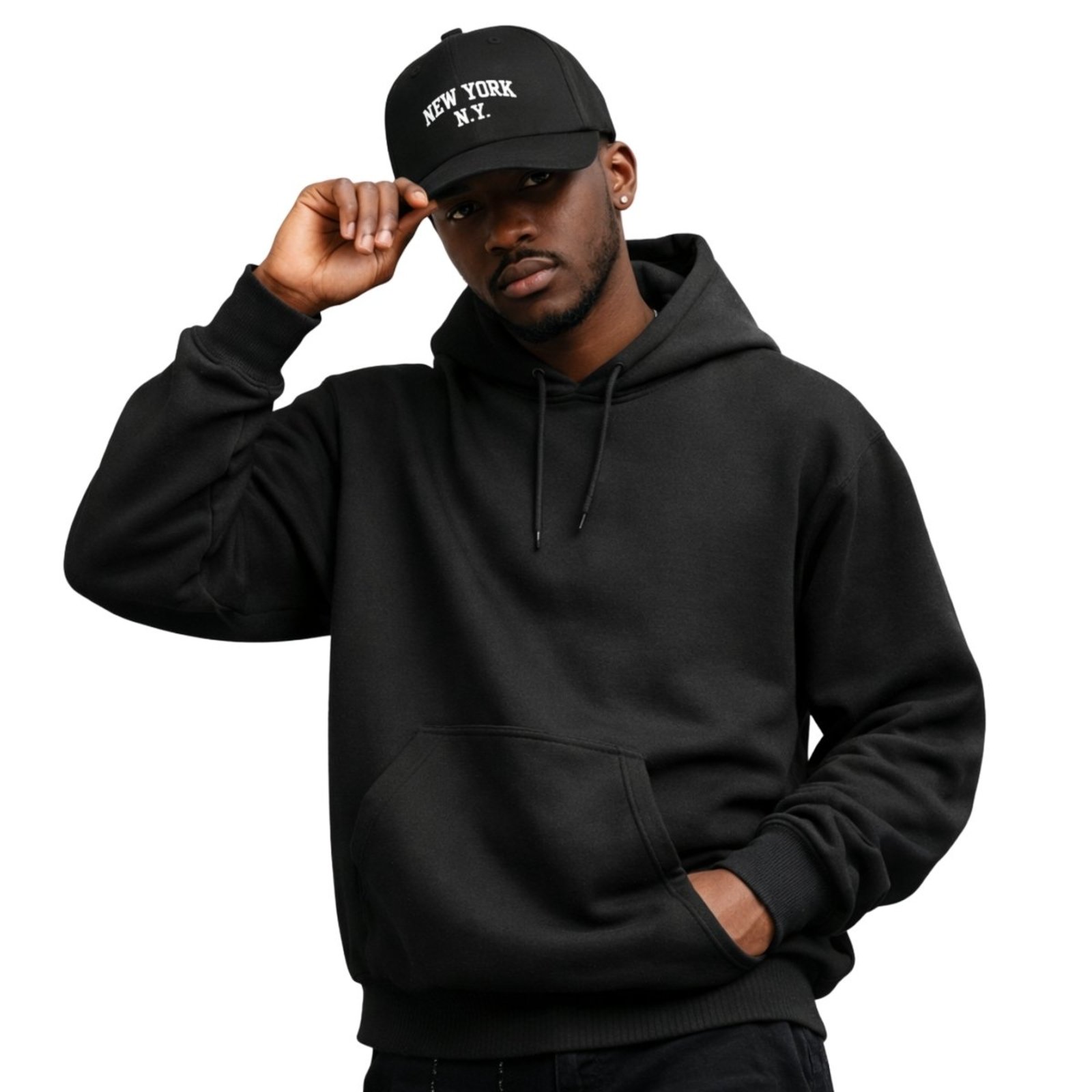 Kit Moletom Modelo Canguru Com Capuz Liso + Boné Aba Curva Masculino Bordado New York