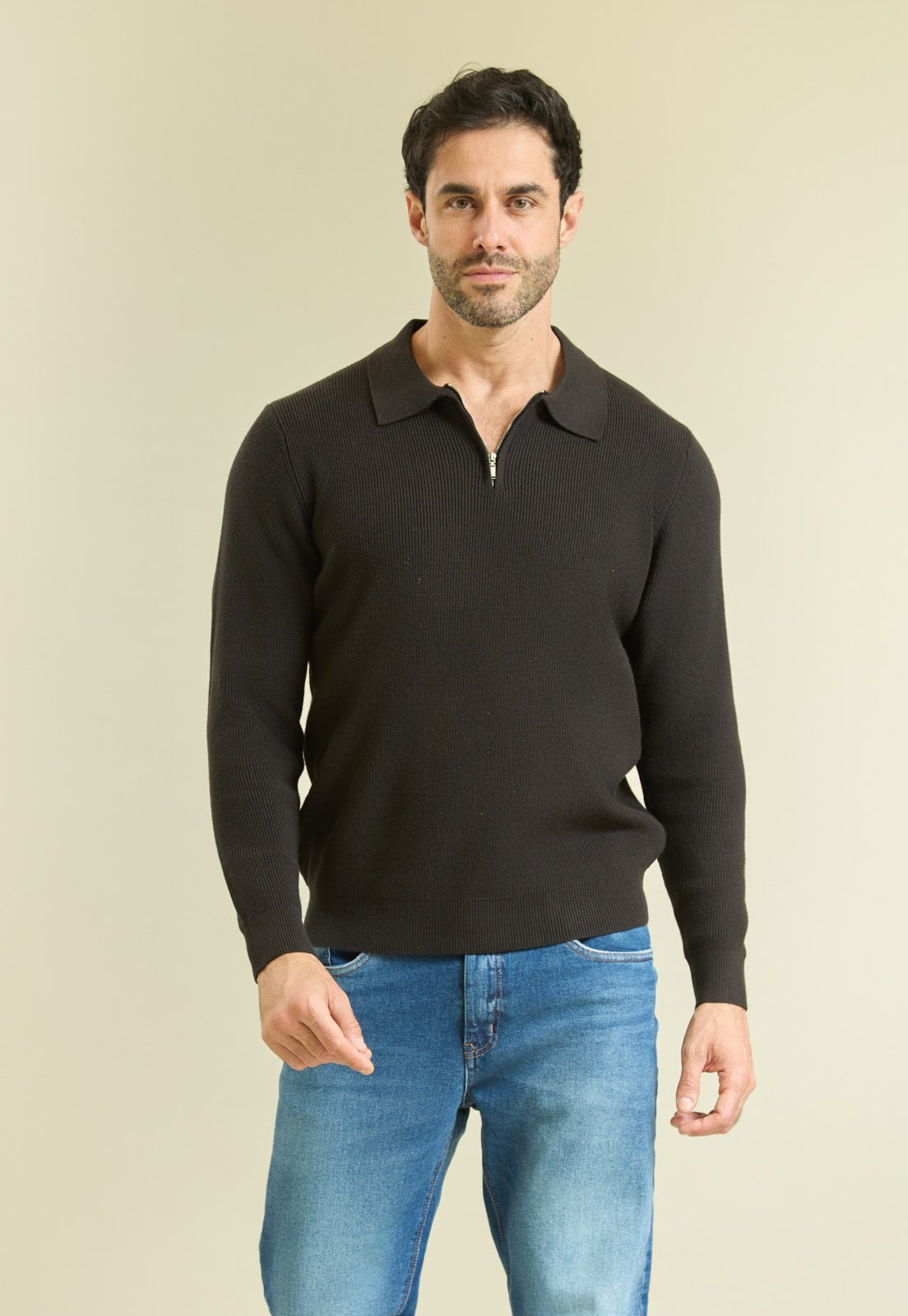 Suéter de Tricot Meio Zíper Masculino Collor Dialogo Preto
