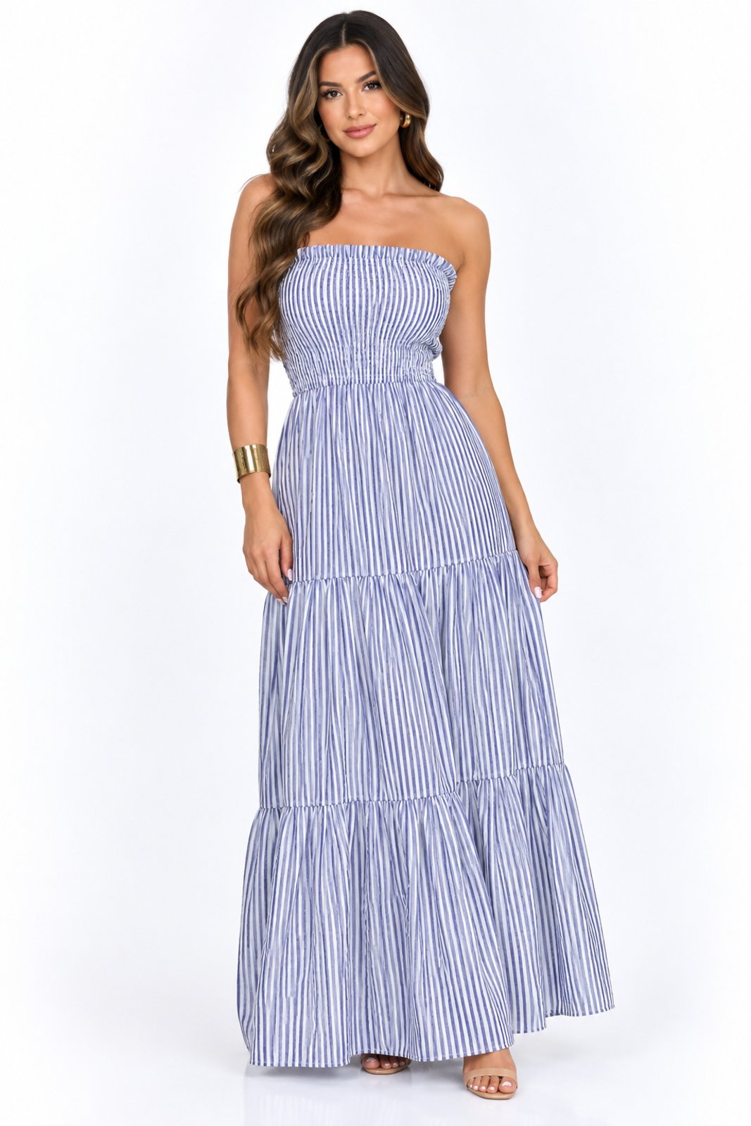 Vestido Longo Listrado D Bell Outlet Fashion Azul