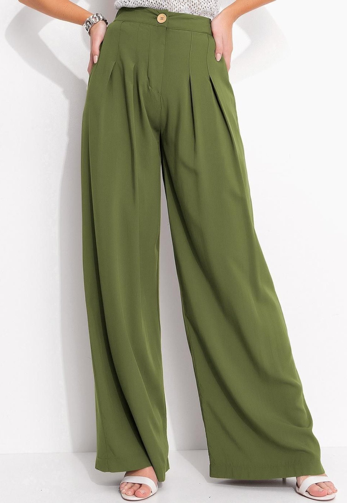 Calça Em Viscose Plana Verde Quintess