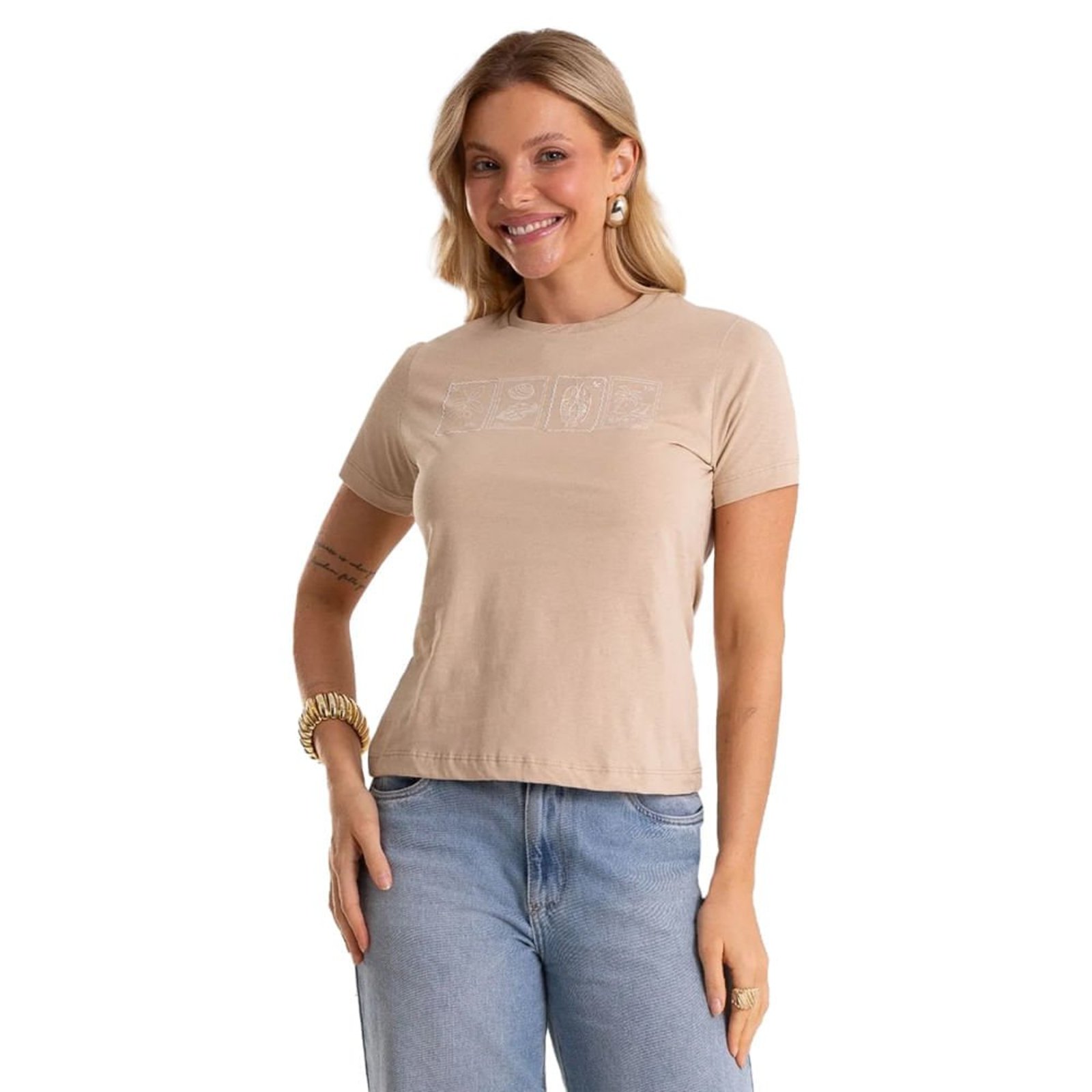 Blusa Feminina Rovitex Estampa Com Bordado Bege