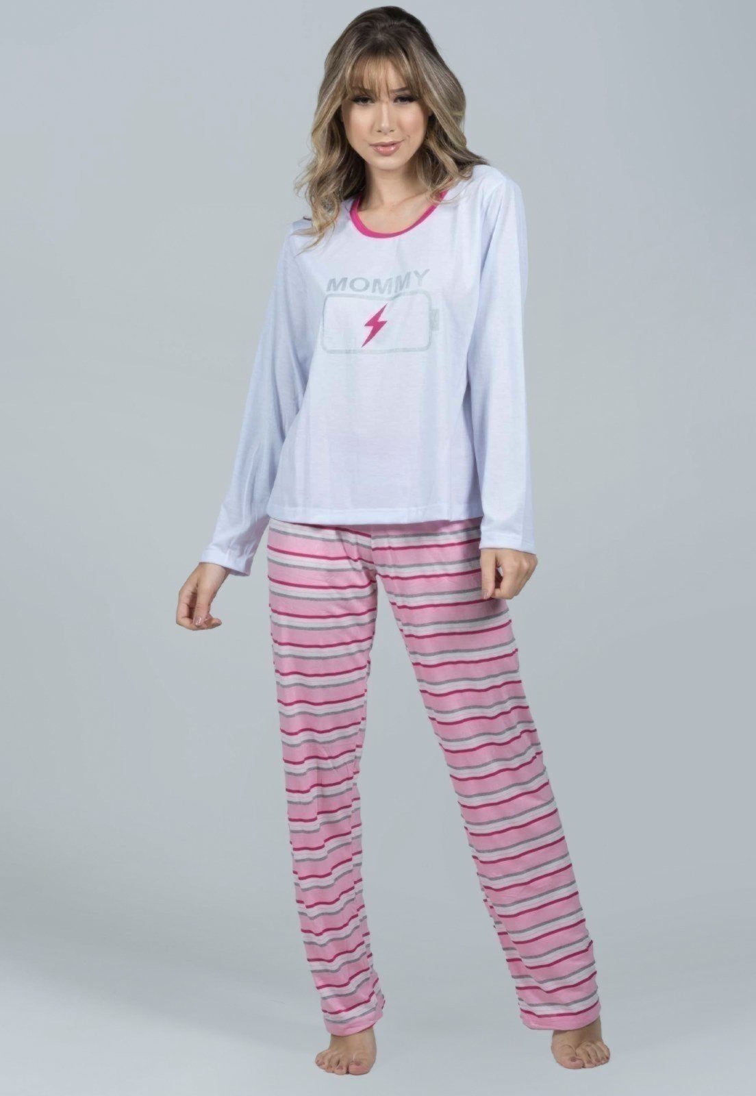 Pijama Feminino Longo WLS Modas Mãe Inverno Mommy Branco
