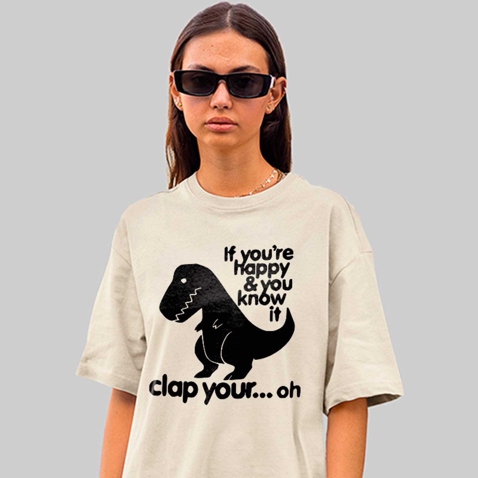 Camiseta Oversized Meme Dino T Rex Engraçado Unissex Off White