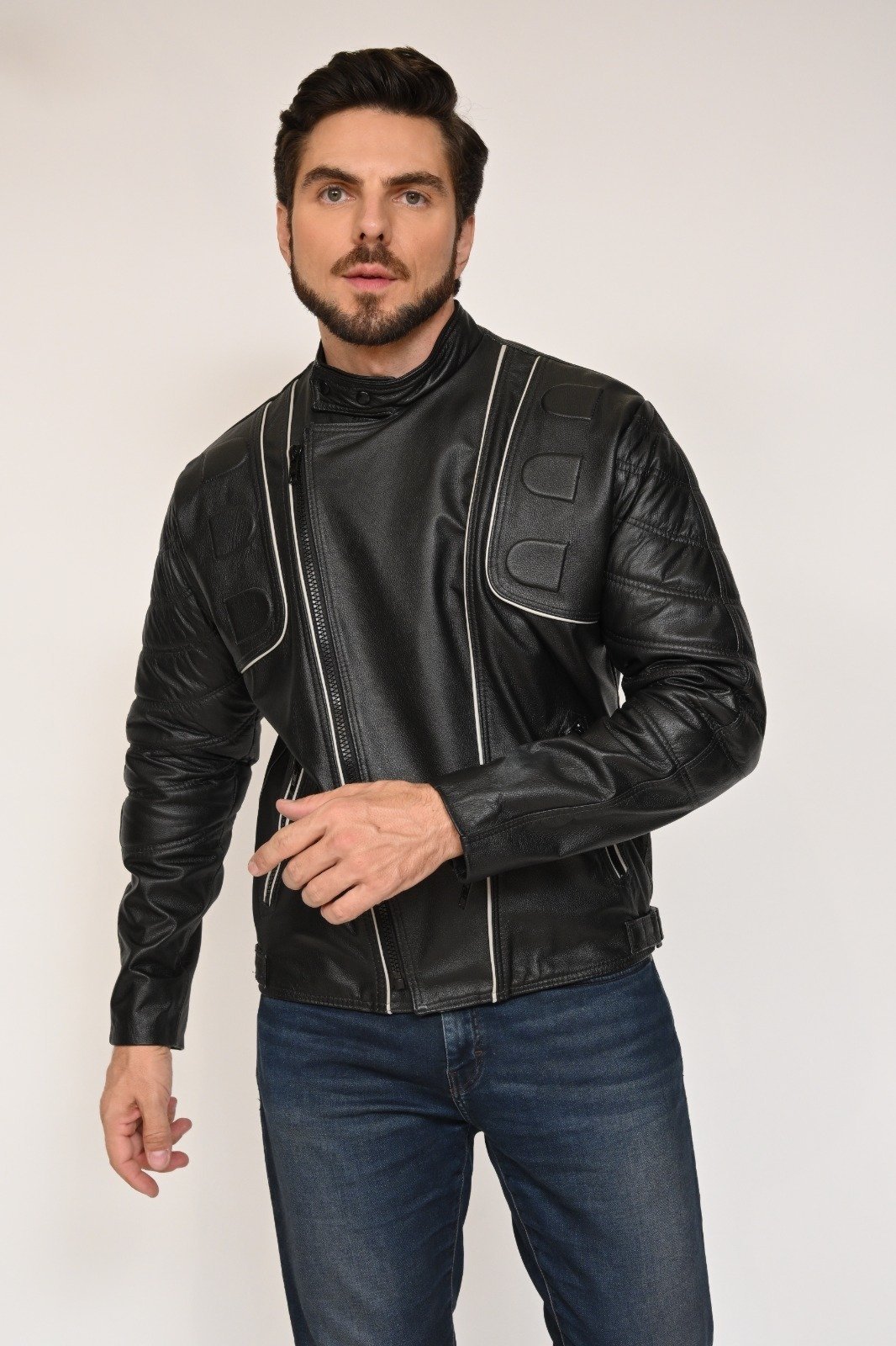 Jaqueta de Couro Motociclista Denver Preto com Prata