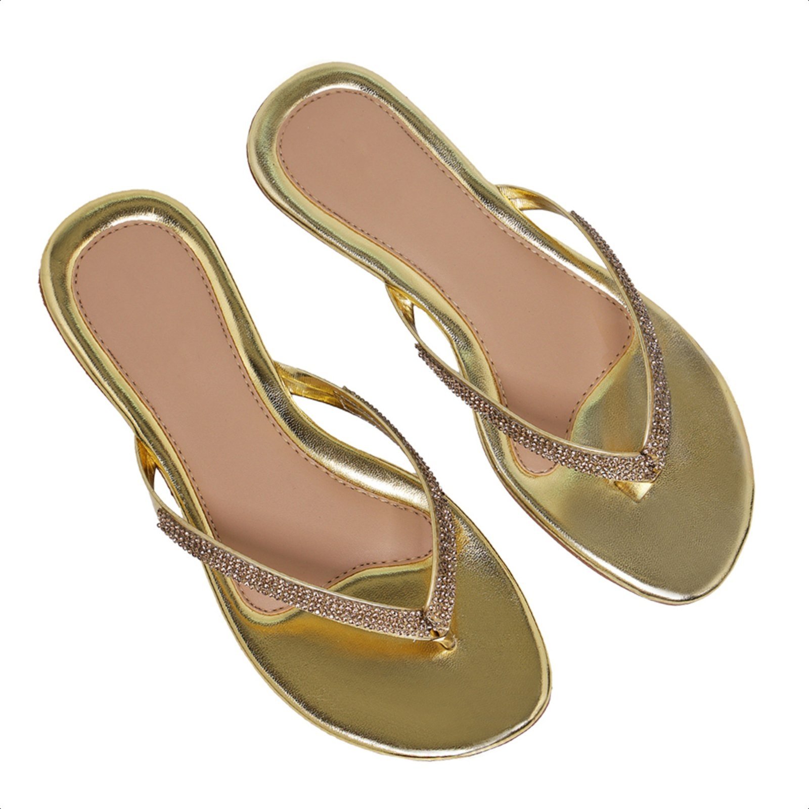 Rasteirinha Chinelo Feminina Confortável Salto Baixo Dourado Com Strass 34 ao 43 Carmelo Shoes Sandália Baixa Festa Casual