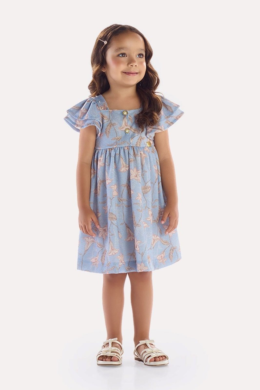 Infantil - Vestido Malha Tricot Azul Floral com Pérolas e Brilho
