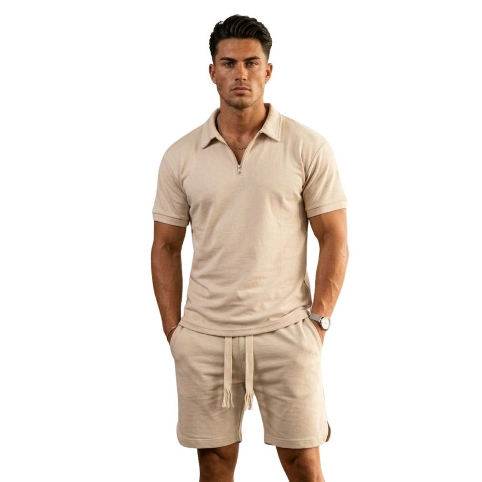 Conjunto Masculino Oversized Suedine Premium Polo e Bermuda Bege